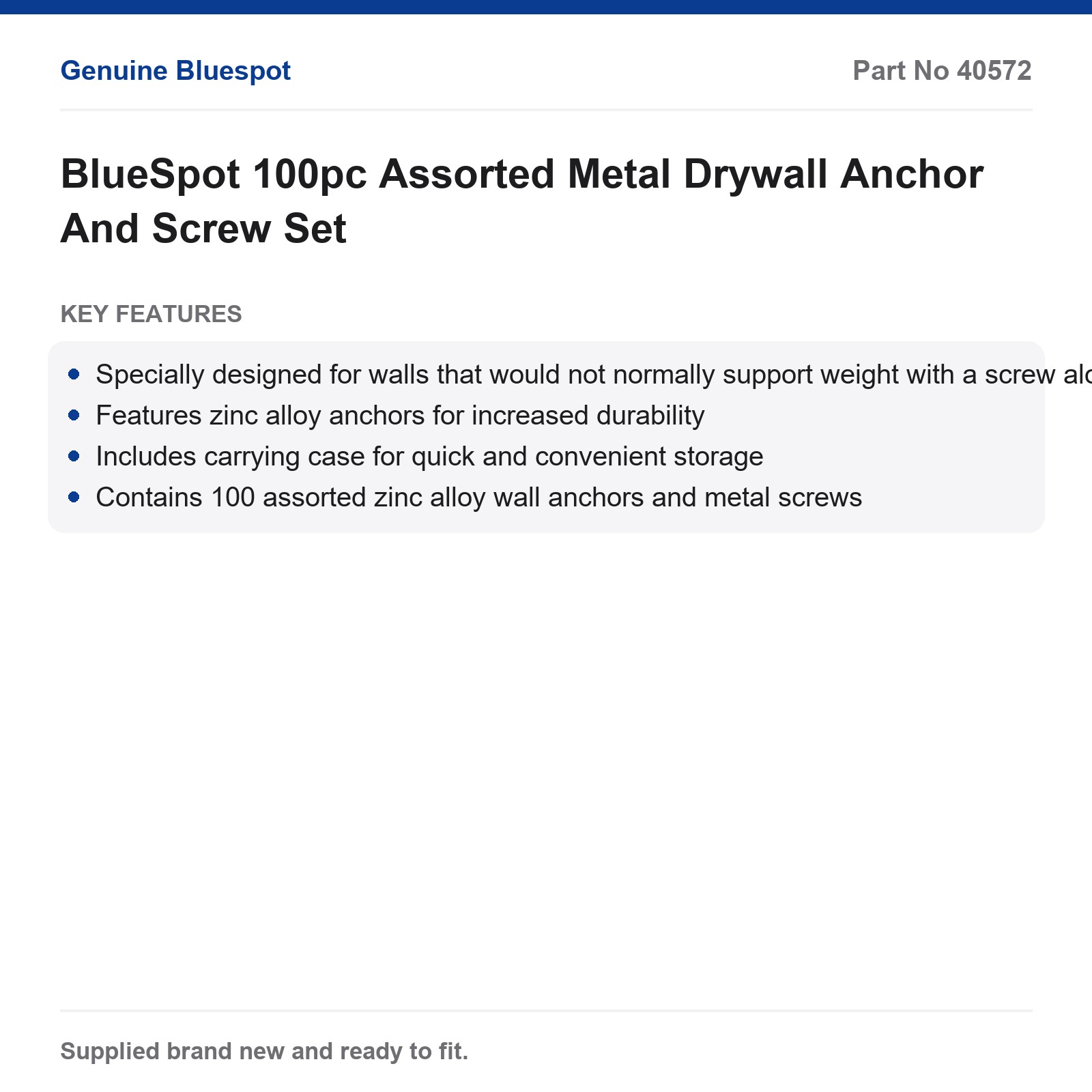 BlueSpot 100pc Assorted Metal Drywall Anchor And Screw Set - Image 3