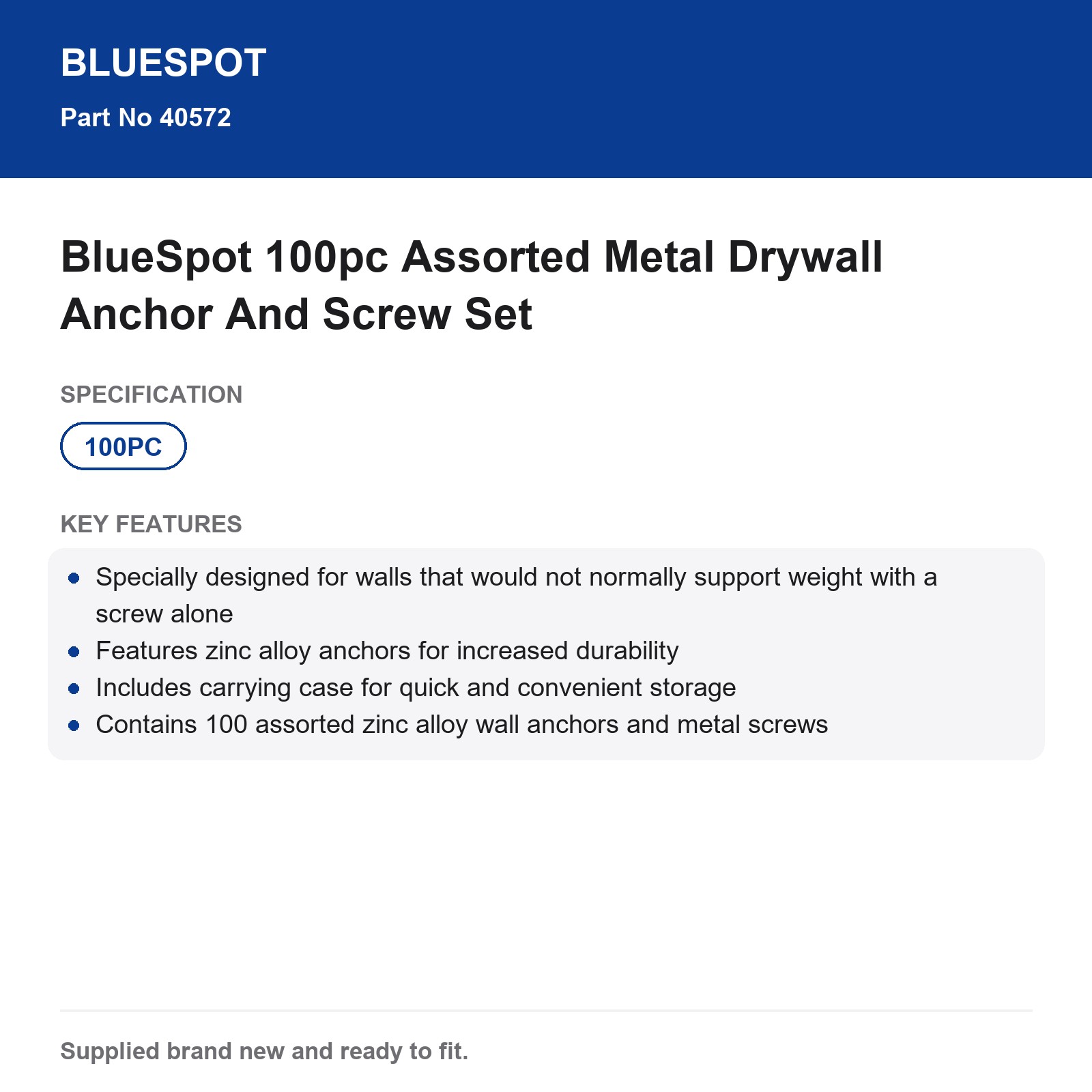 BlueSpot 100pc Assorted Metal Drywall Anchor And Screw Set - Image 4