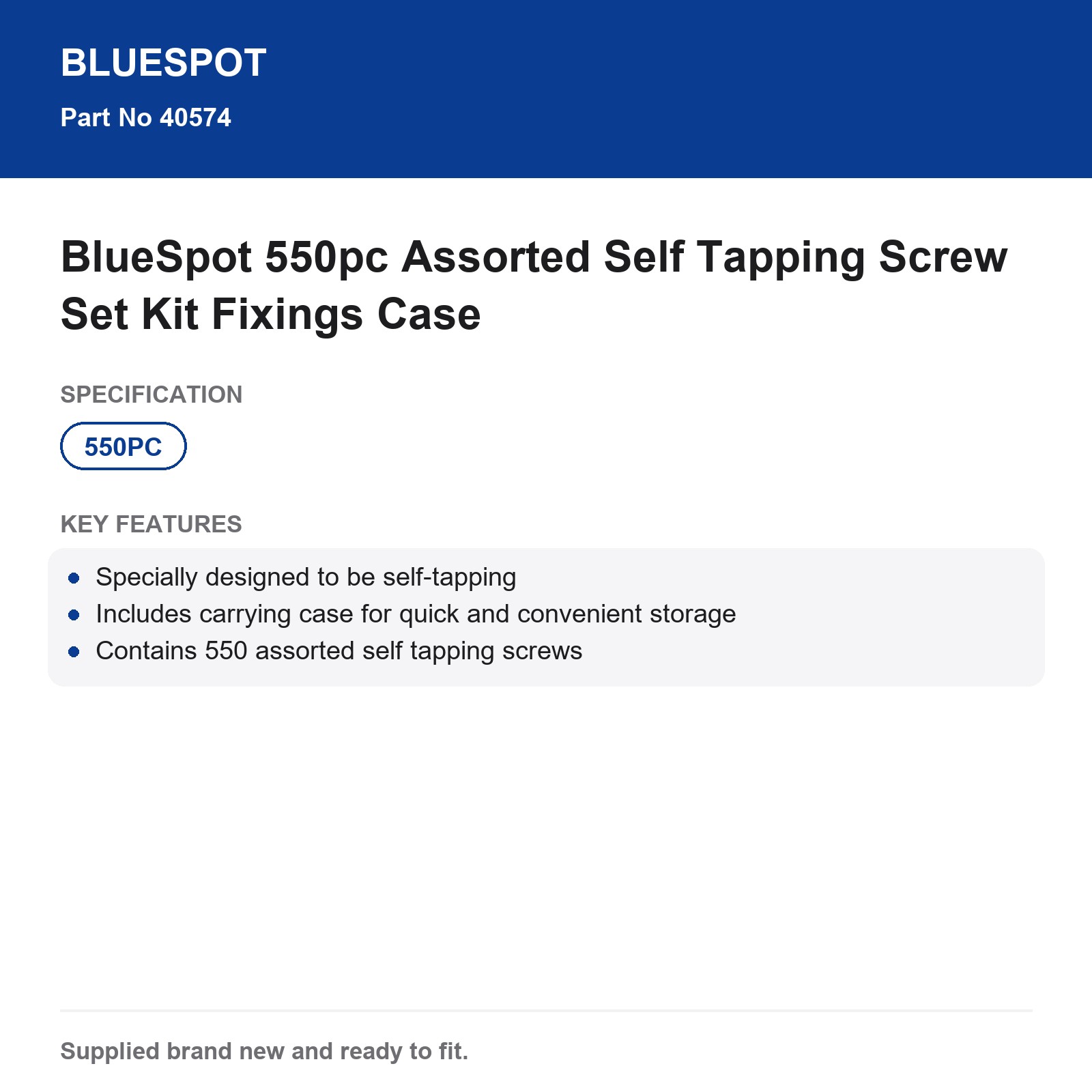 BlueSpot 550pc Assorted Self Tapping Screw Set with Case - Image 5