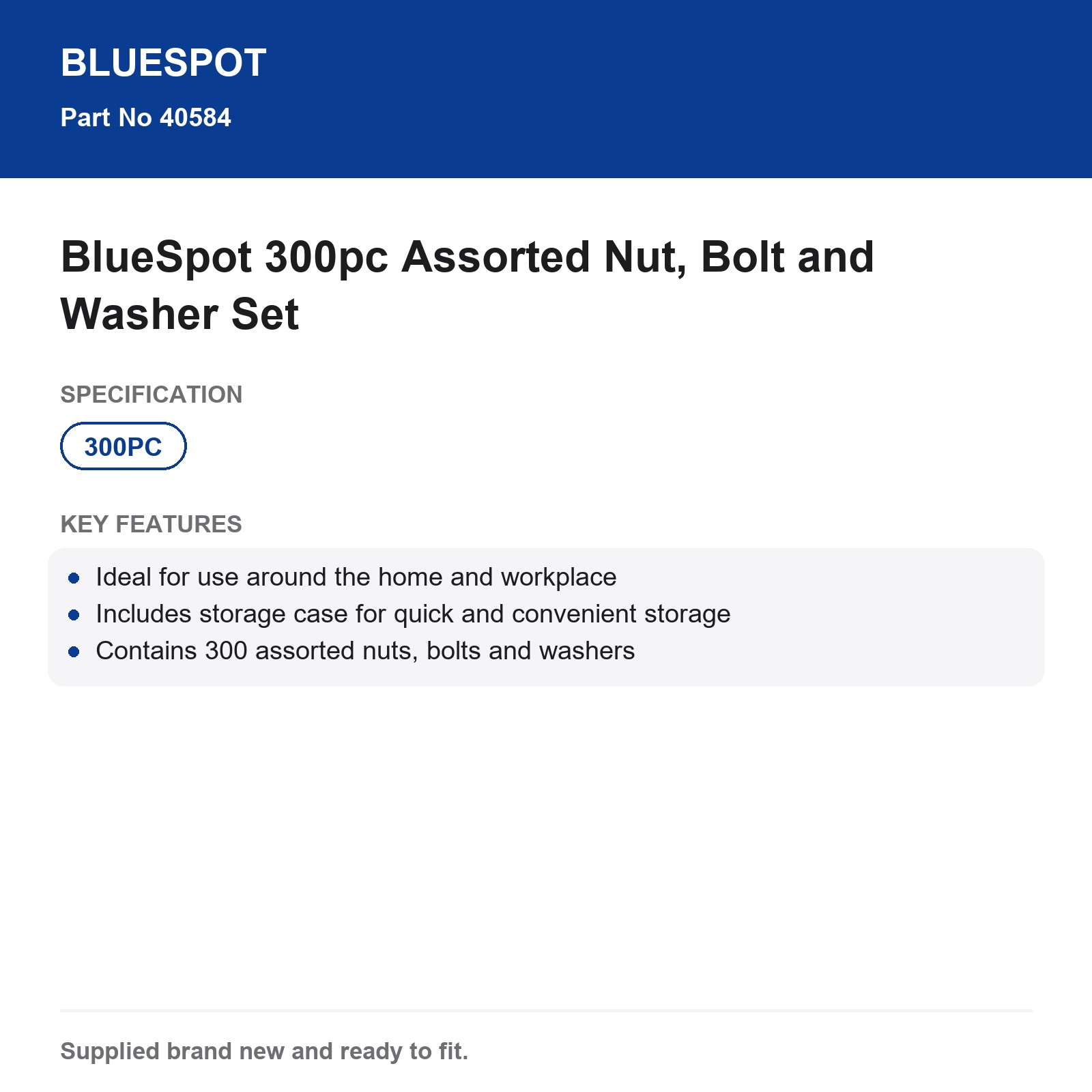 Bluespot 300pc Assorted Nut Bolt Washer Set w/ Case Home Workplace - Image 4