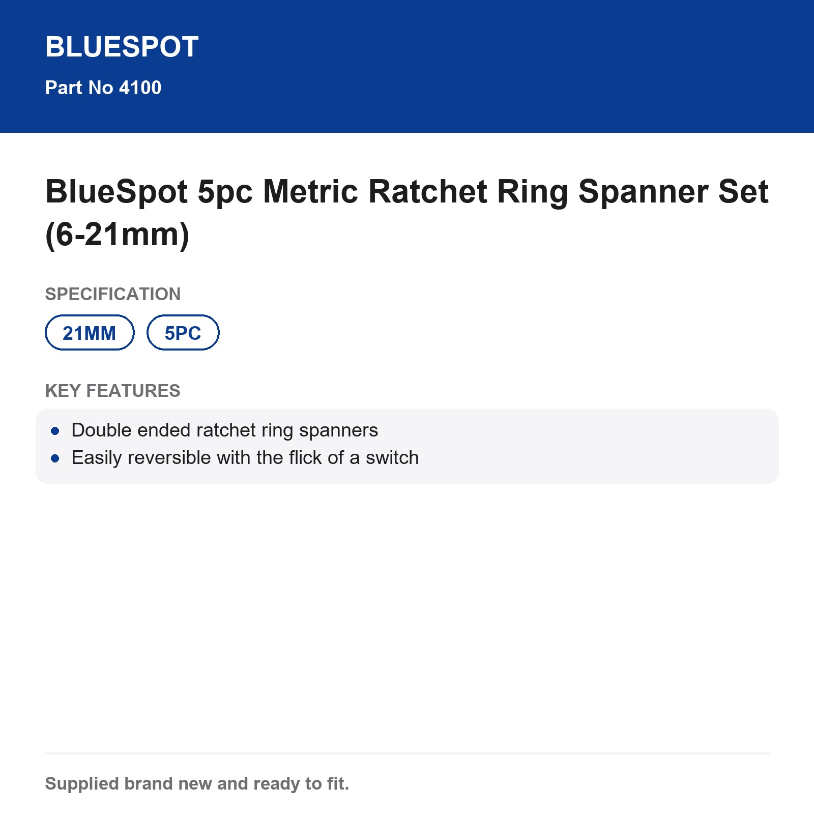 BlueSpot 5pc Metric Ratchet Ring Spanner Set (6-21mm) - Image 4