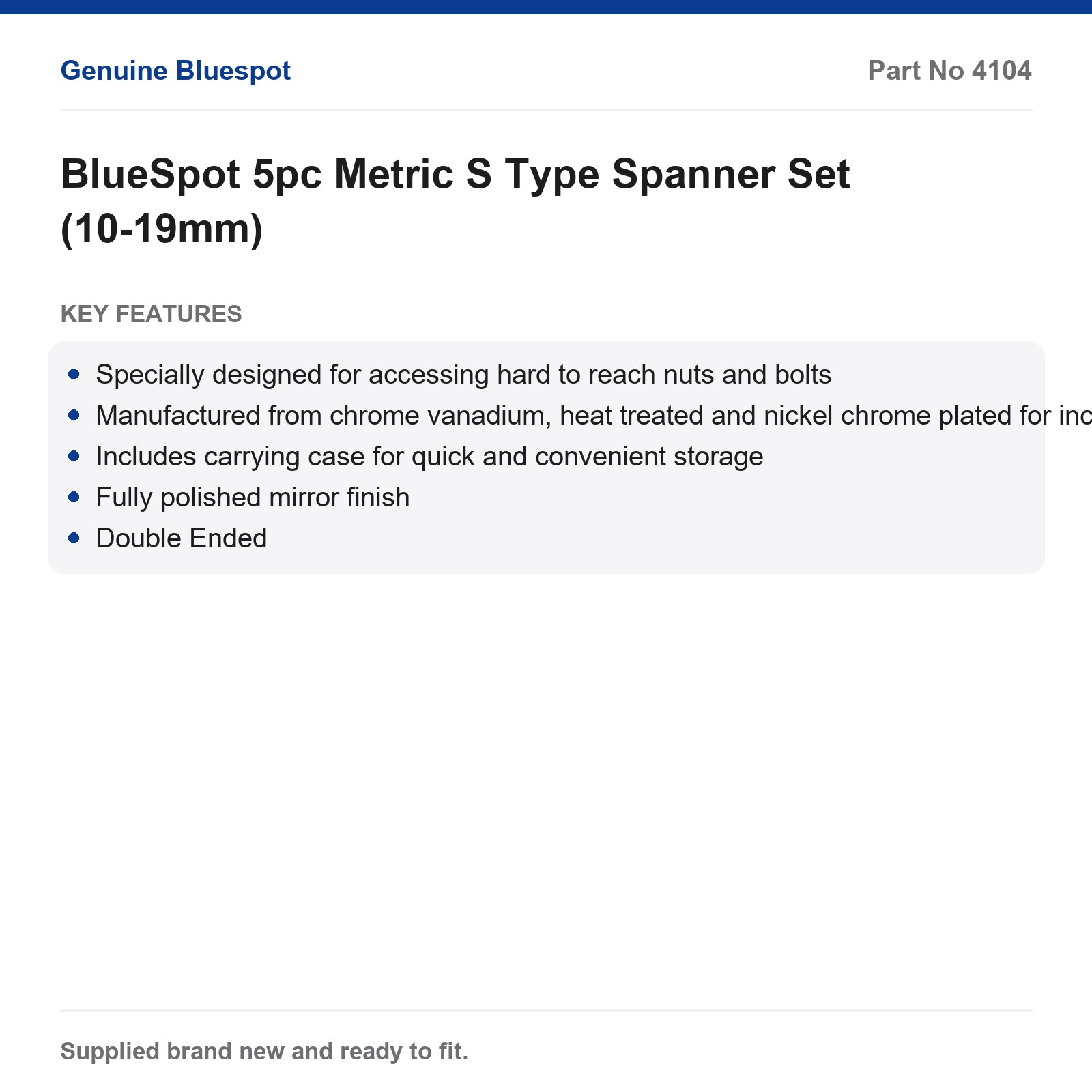 BlueSpot 5pc Metric S-Type Spanner Set 10-19mm Hard to Reach Double Ended Case - Image 3