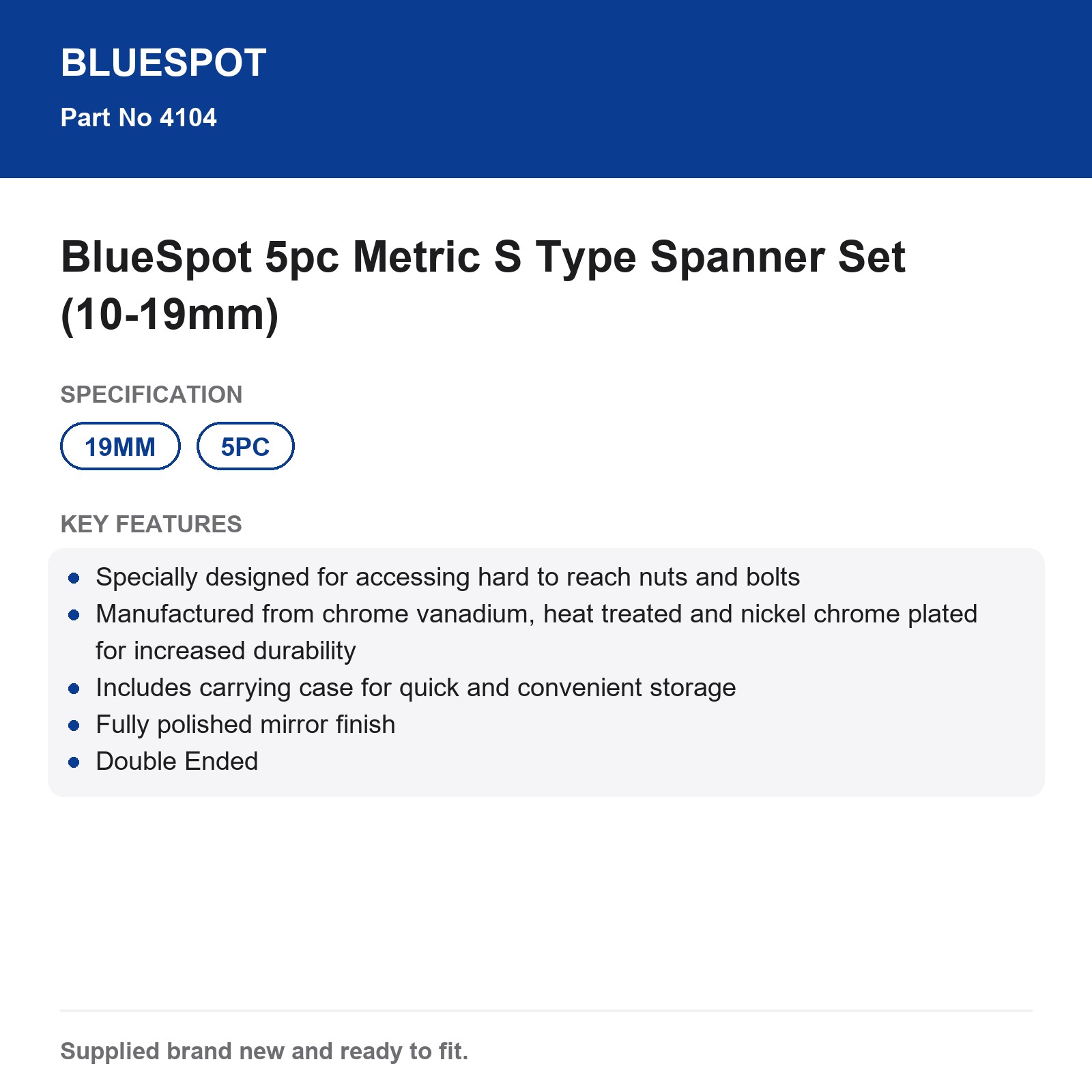 BlueSpot 5pc Metric S-Type Spanner Set 10-19mm Hard to Reach Double Ended Case - Image 4