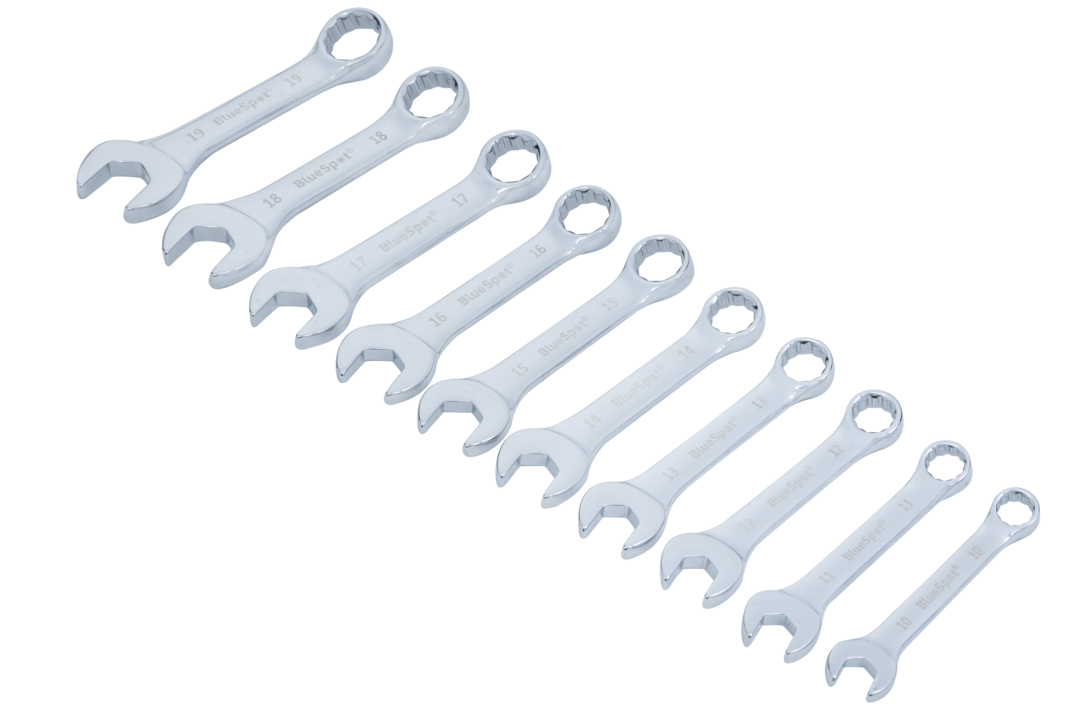 BlueSpot 10pc Metric Stubby Spanners 10-19mm Chrome Vanadium Mirror Finish Case - Image 2