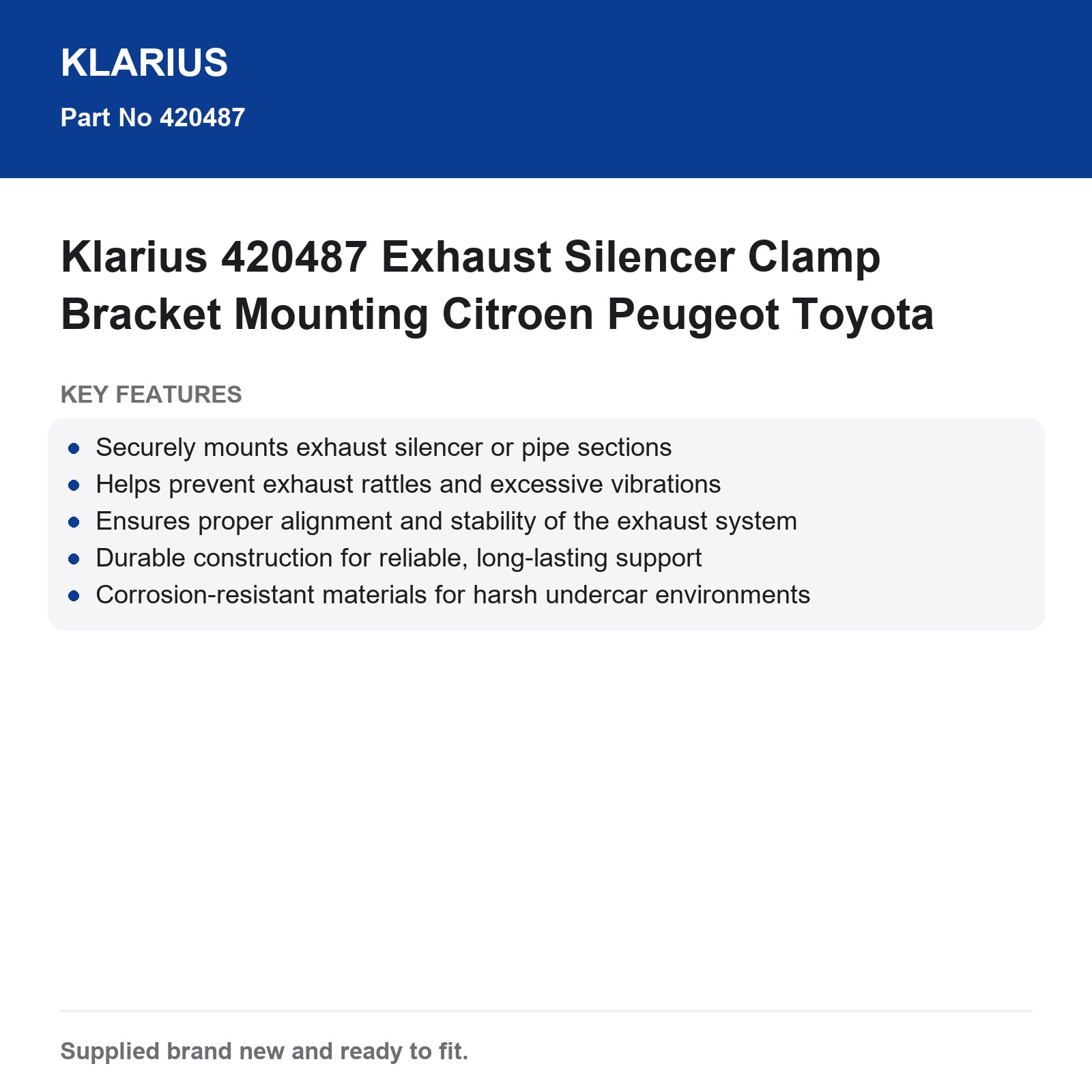 Klarius 420487 Exhaust Silencer Clamp Bracket Mounting Citroen Peugeot Toyota - Image 3