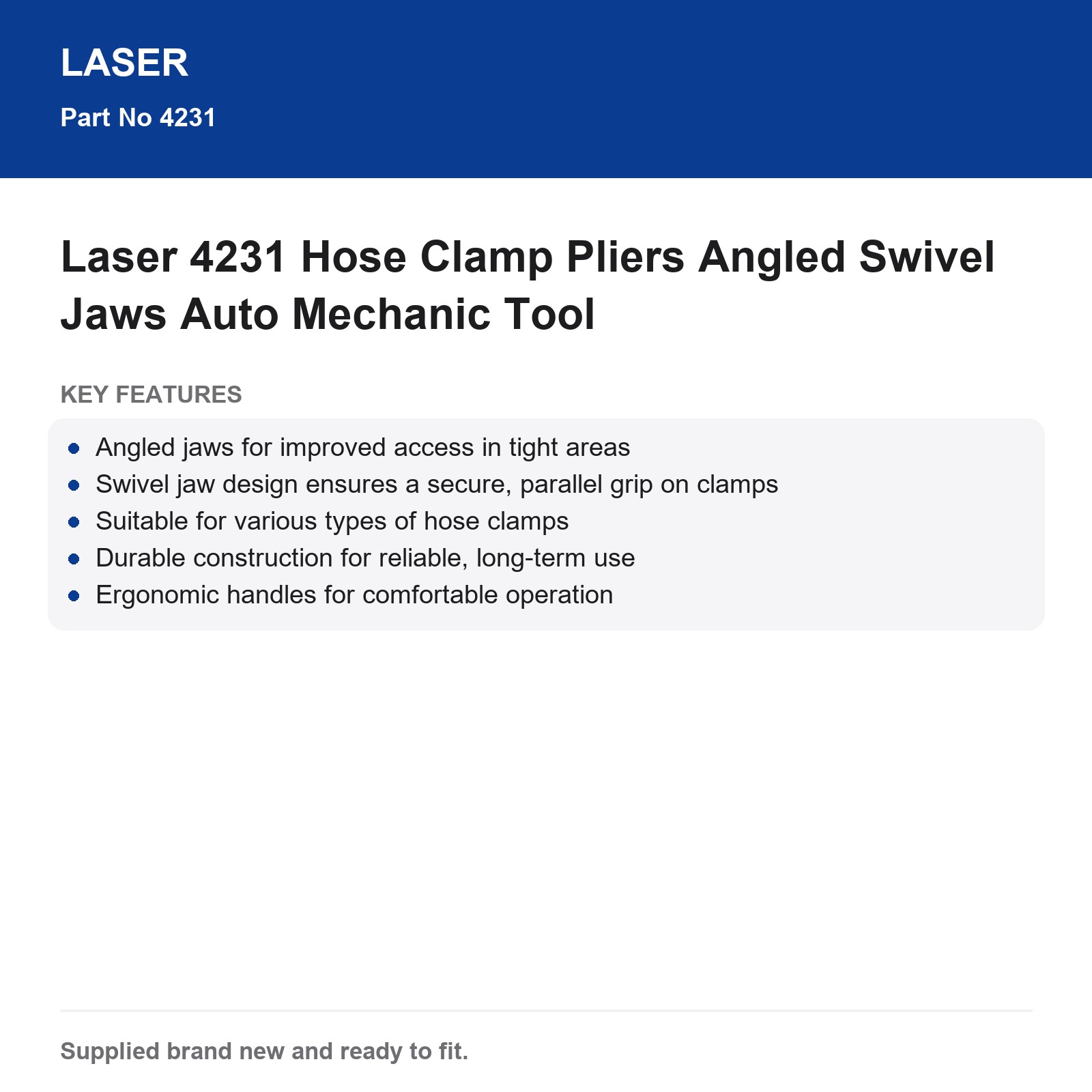 Laser 4231 Hose Clamp Pliers Angled Swivel Jaws Auto Mechanic Tool - Image 8