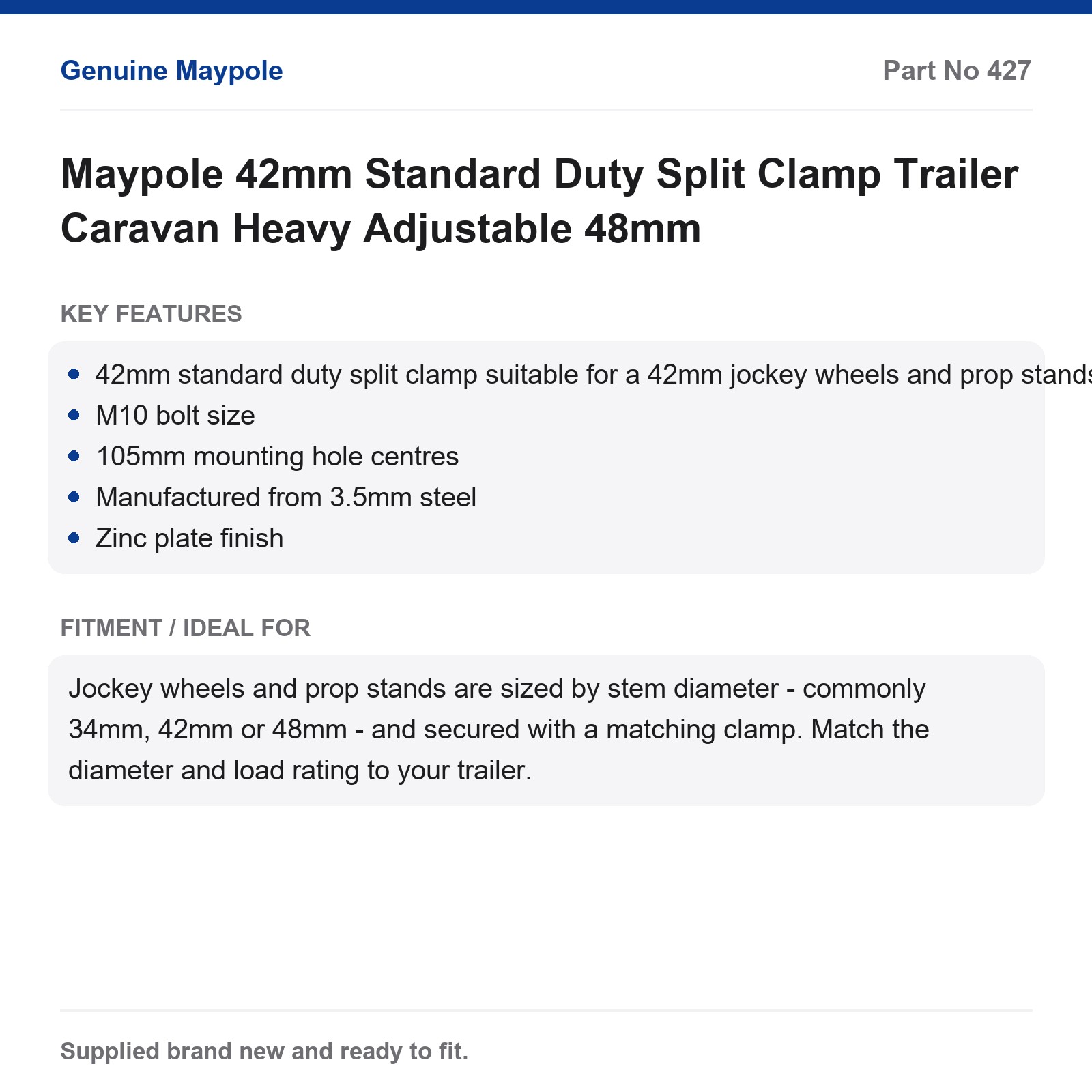 Maypole 42mm Standard Duty Split Clamp for Trailer Caravan Jockey Wheel - Image 4