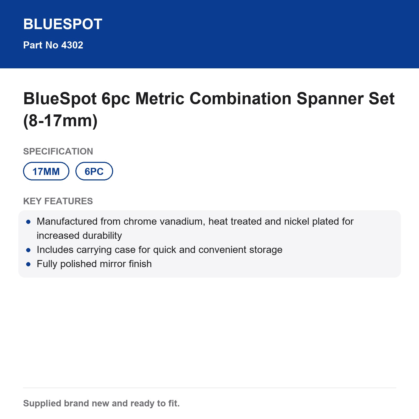 BlueSpot 6pc Metric Combination Spanner Set (8-17mm) - Image 4