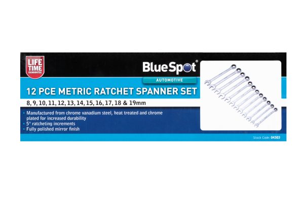BlueSpot 12pc Metric Ratchet Spanner Set 8-19mm CrV 5° Mirror Finish