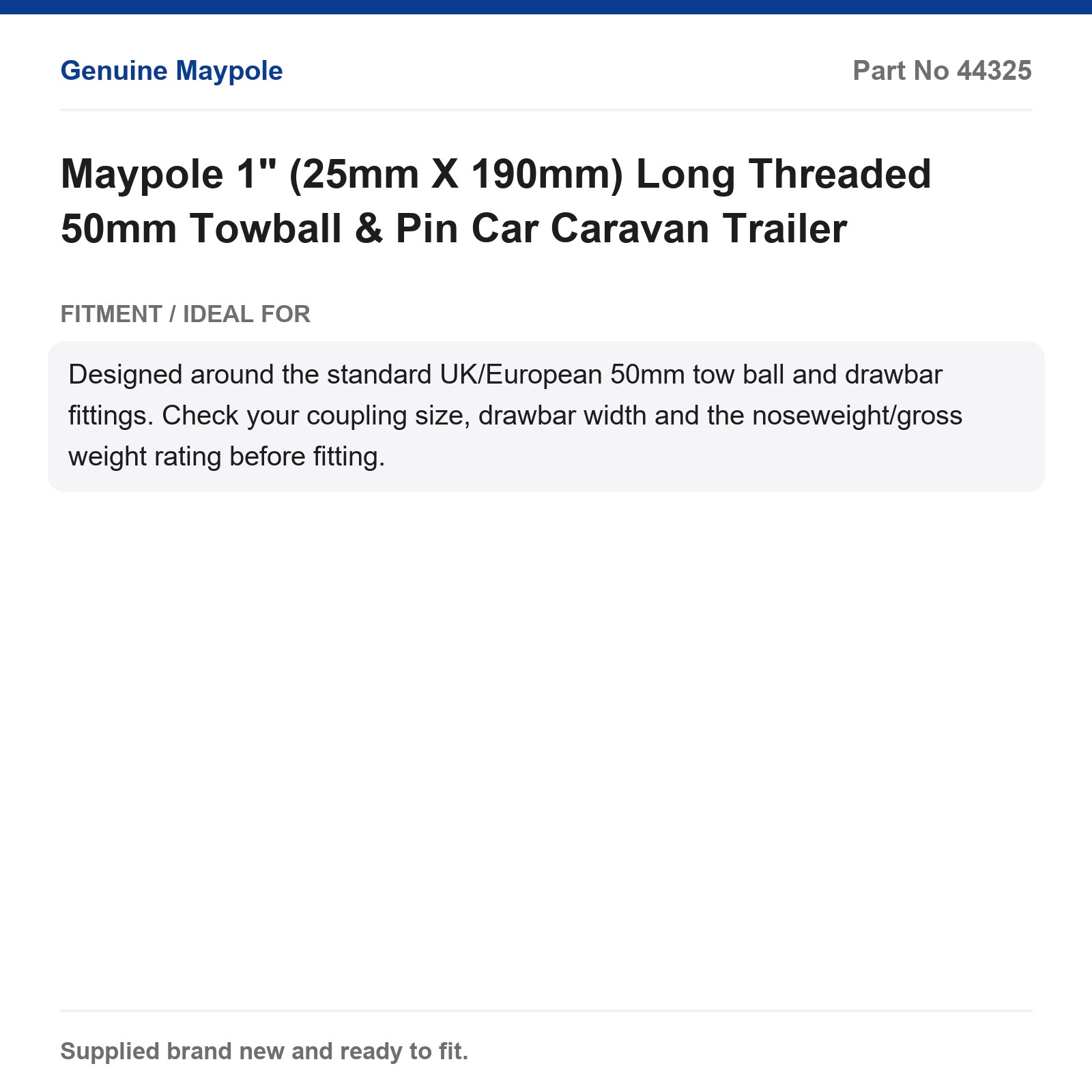 Maypole 50mm Towball & Pin Long Threaded 1" 25mm 190mm Car Caravan Trailer - Image 4