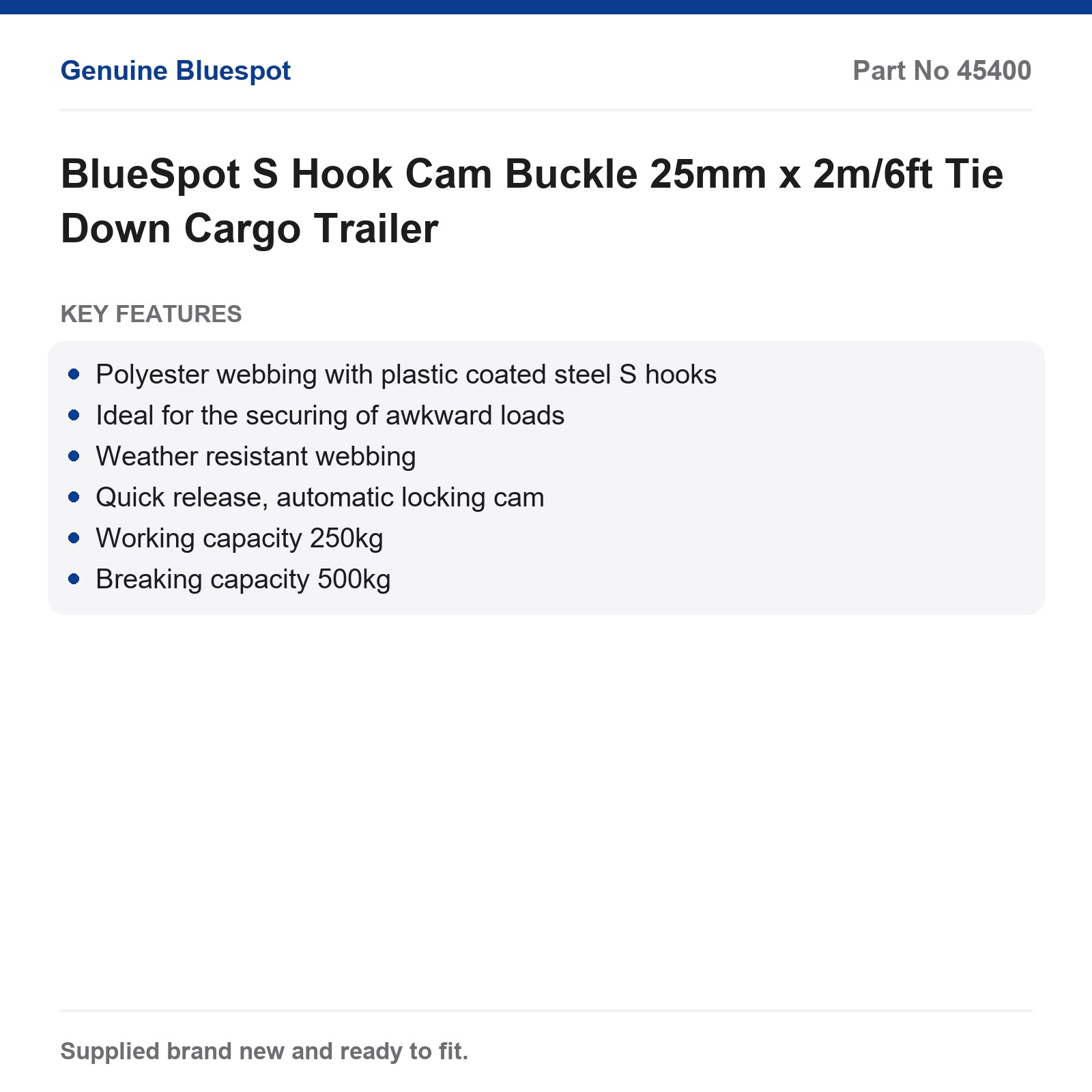 BlueSpot Tie Down Strap S Hook Cam Buckle 25mm x 2m/6ft Cargo Trailer - Image 3