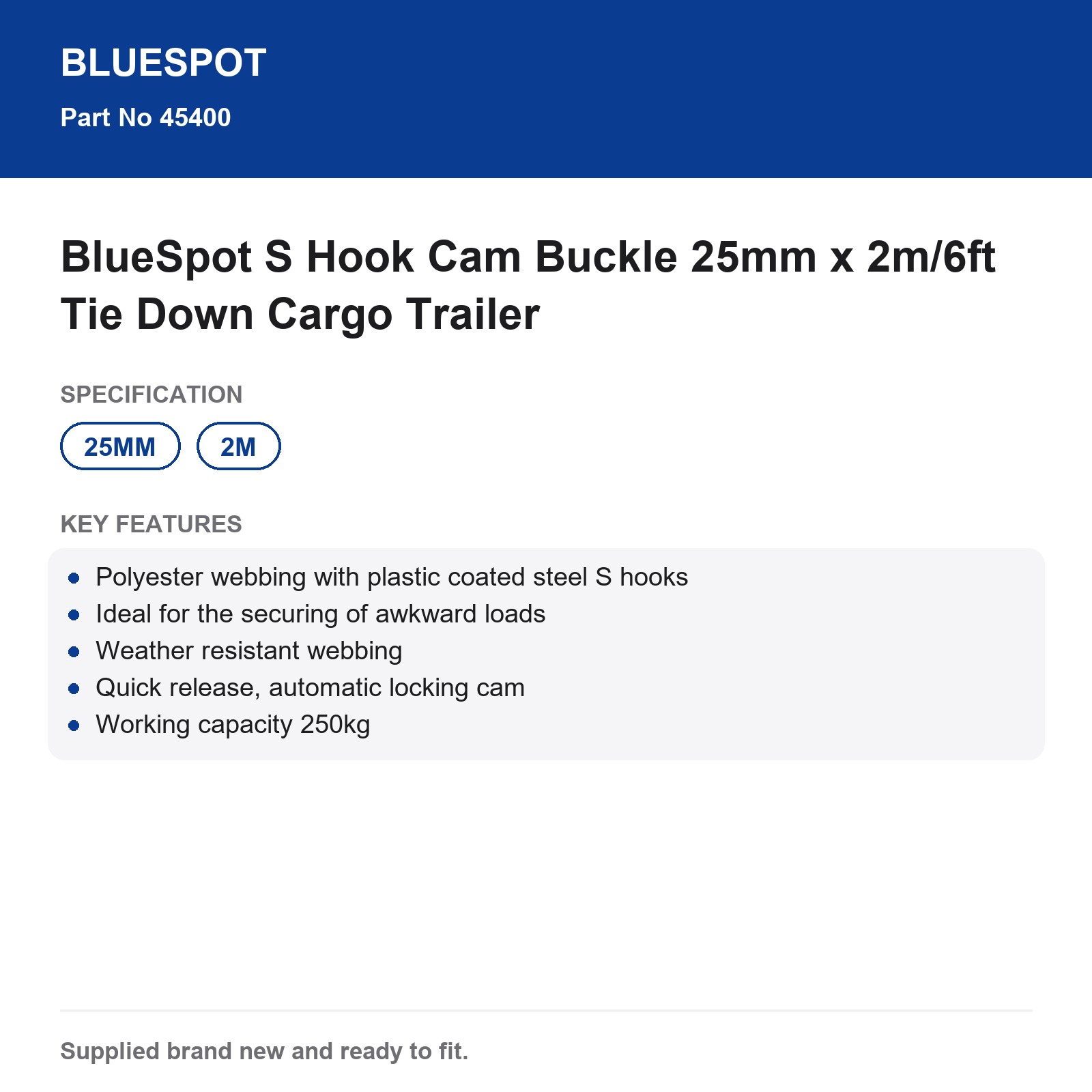 BlueSpot Tie Down Strap S Hook Cam Buckle 25mm x 2m/6ft Cargo Trailer - Image 4