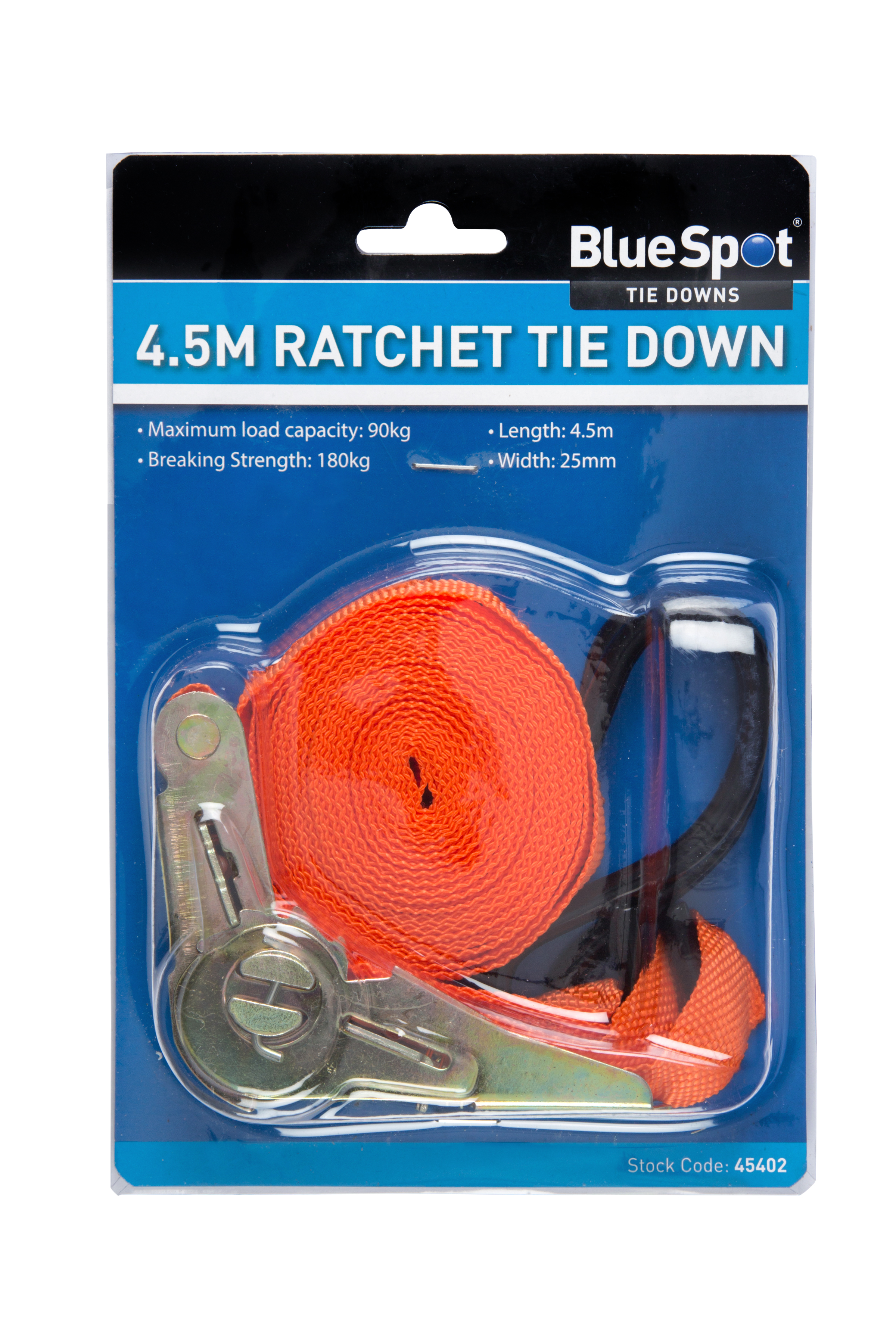 BlueSpot Ratchet Strap 25mm 4.5m 90kg Nylon Vinyl S Hook Car Truck Boat Trailer