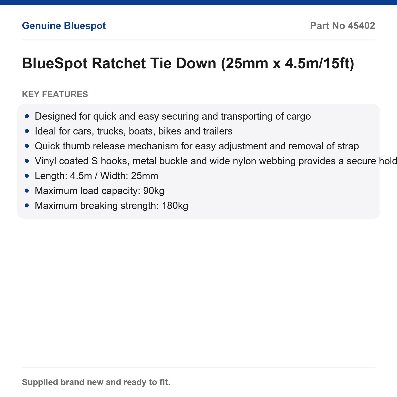 BlueSpot Ratchet Strap 25mm 4.5m 90kg Nylon Vinyl S Hook Car Truck Boat Trailer - Image 3