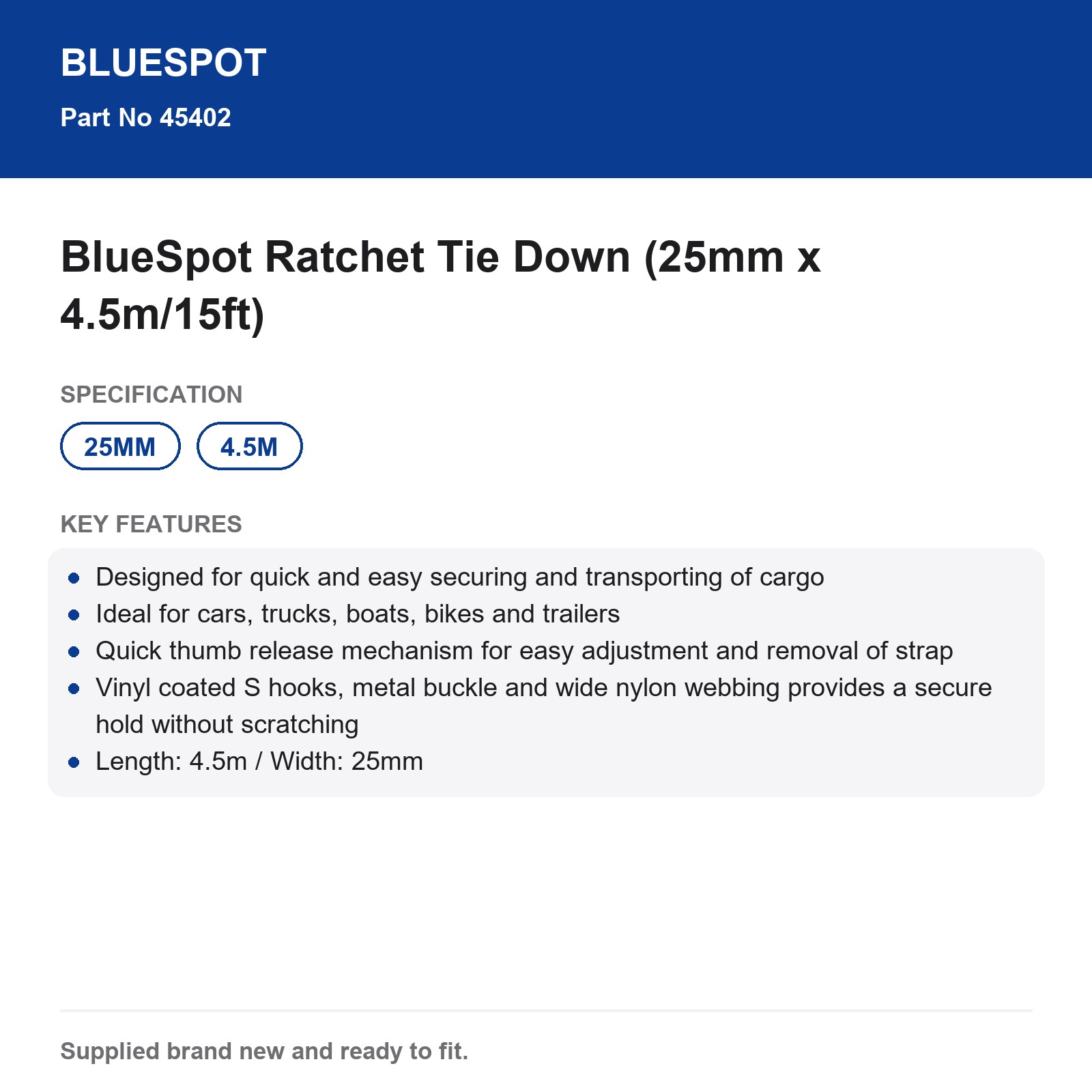BlueSpot Ratchet Strap 25mm 4.5m 90kg Nylon Vinyl S Hook Car Truck Boat Trailer - Image 4
