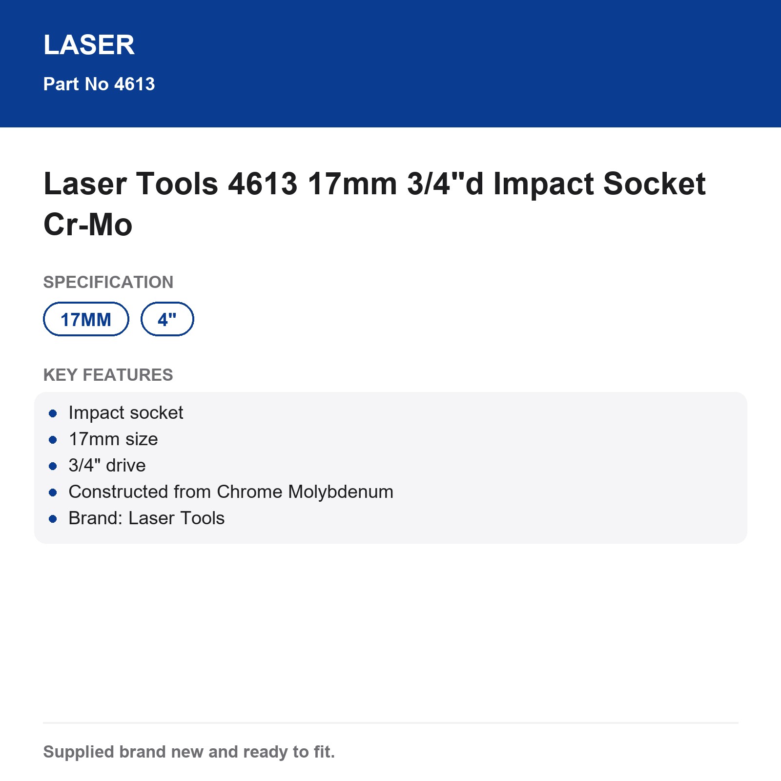 Laser Tools 4613 17mm 3/4" Drive Impact Socket Chrome Molybdenum - Image 5