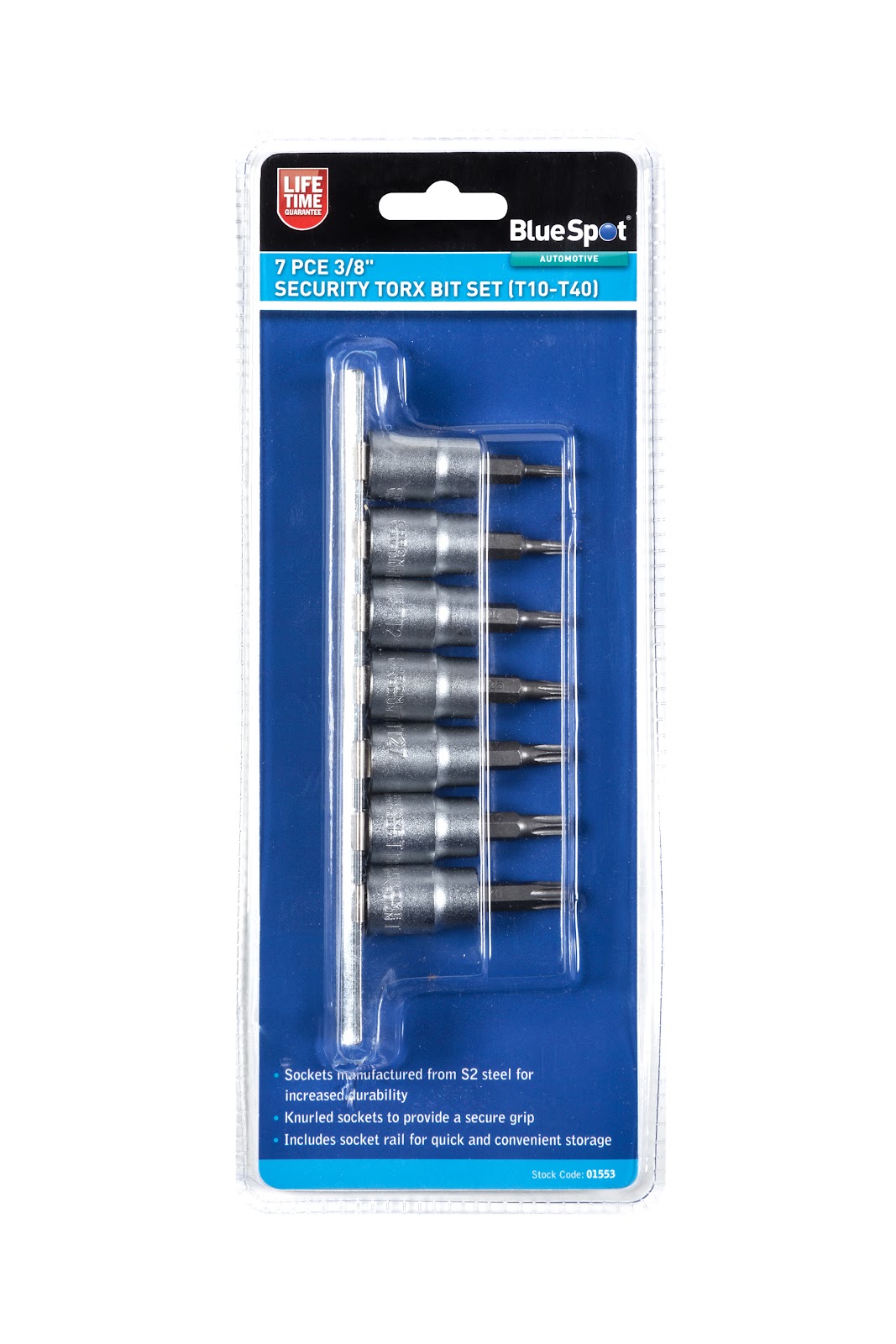 Bluespot 7pc 3/8″ Security Torx Bit Set T10-T40 S2 Steel Knurled Socket Rail