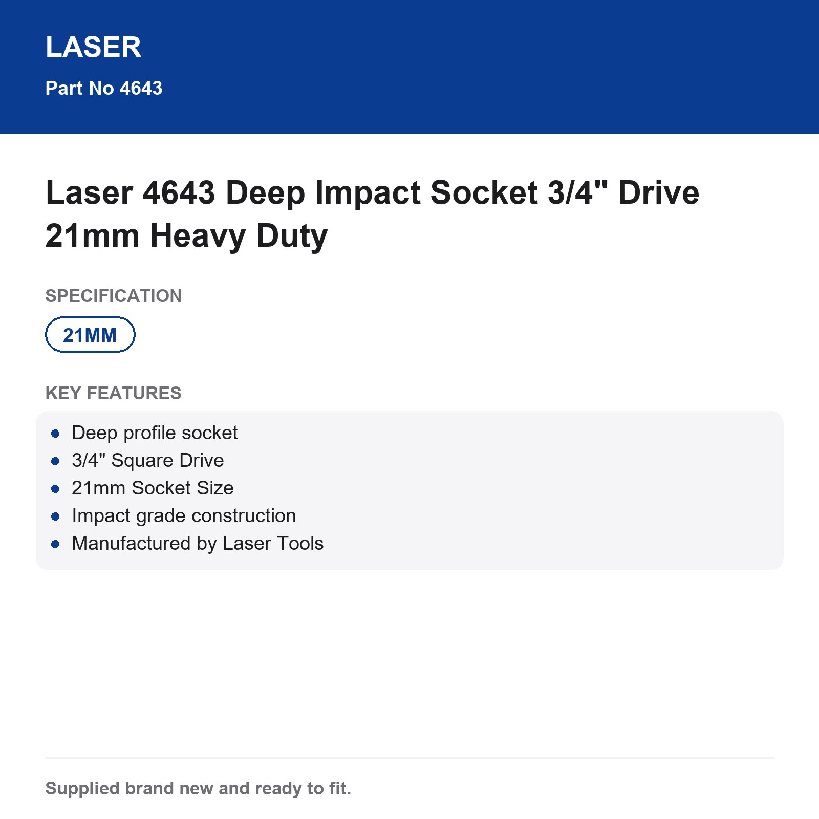 Laser 4643 21mm Deep Impact Socket 3/4" Drive Heavy Duty - Image 6