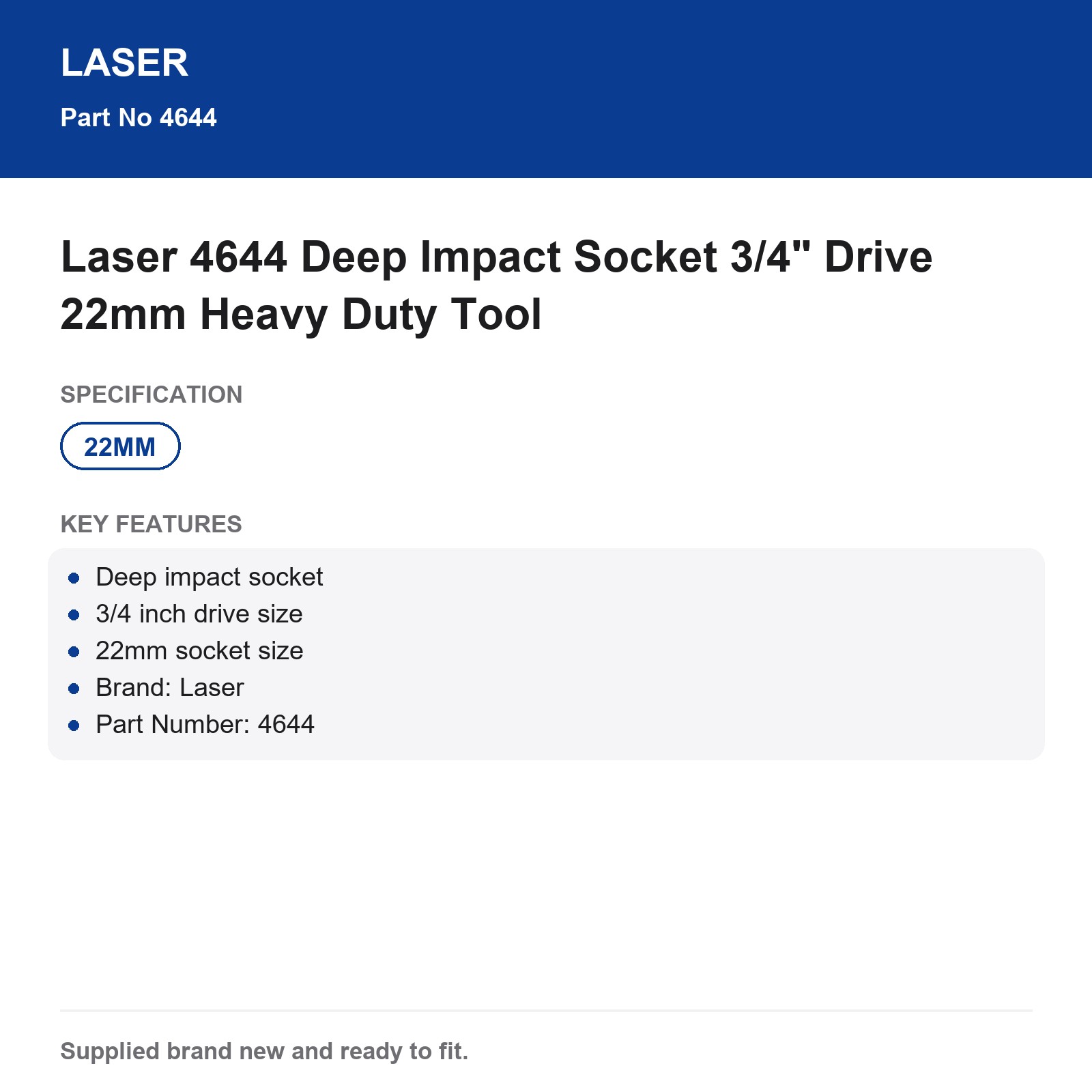 Laser 4644 Deep Impact Socket 3/4" Drive 22mm Heavy Duty - Image 6