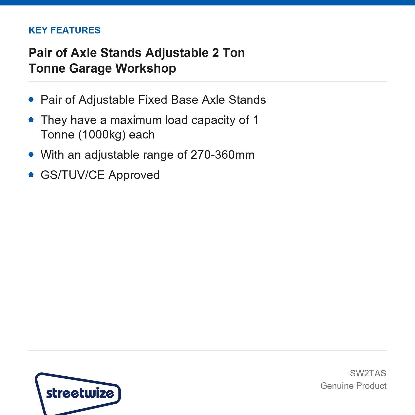 Streetwize Axle Stands Pair Adjustable 2 Tonne Garage Car Van - Image 3
