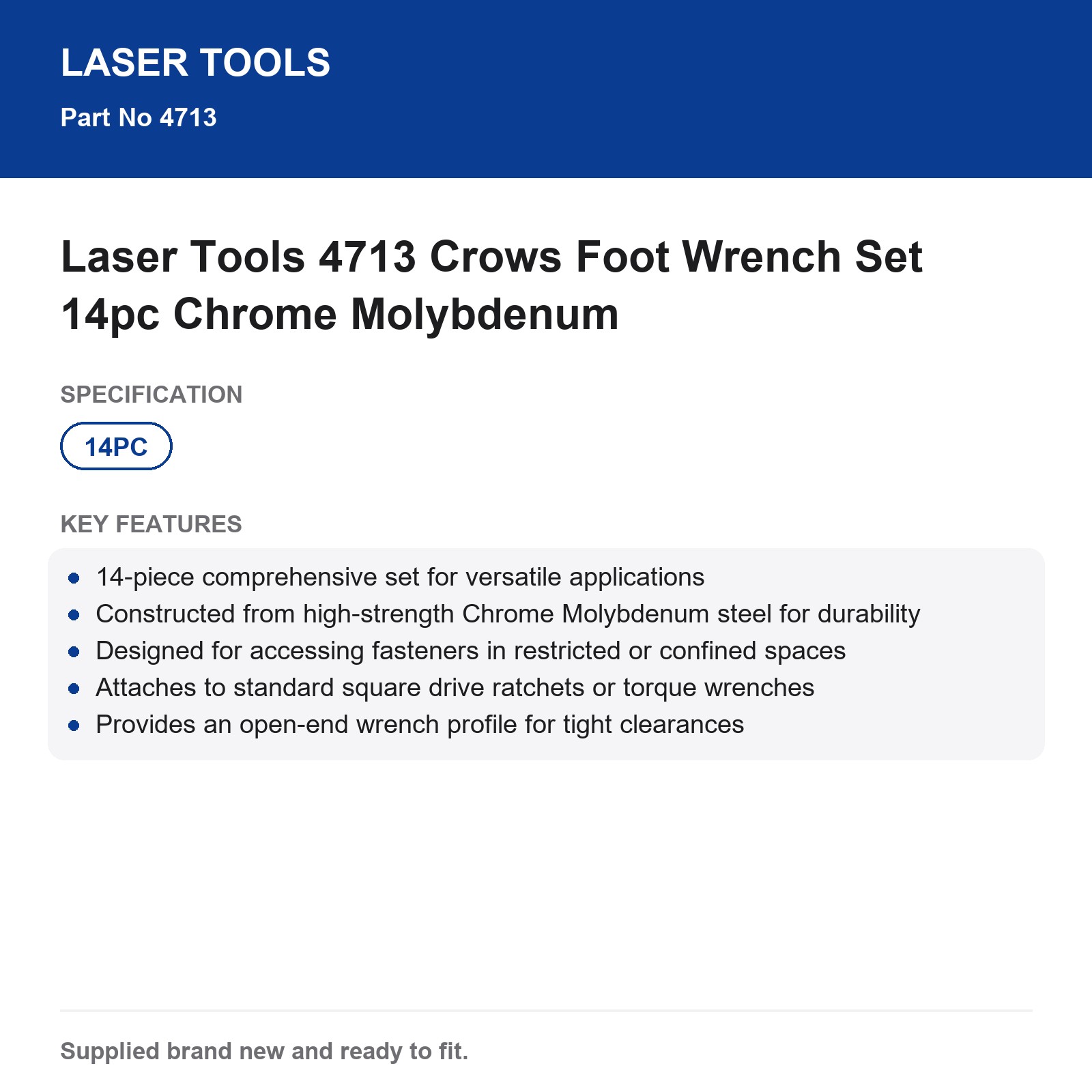 Laser Tools 4713 Crows Foot Wrench Set 14pc Chrome Molybdenum - Image 7