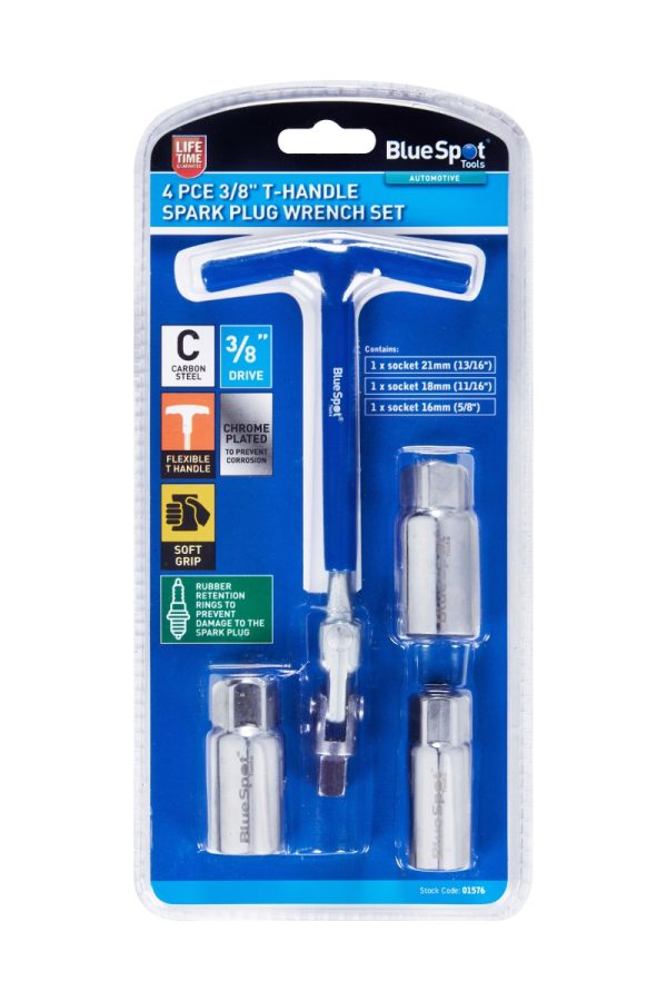 BlueSpot 4pc 3/8″ T-Handle Flexy Spark Plug Wrench Set Soft Grip Chrome Plated