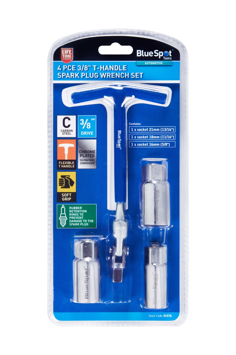 BlueSpot 4pc 3/8″ T-Handle Flexy Spark Plug Wrench Set Soft Grip Chrome Plated
