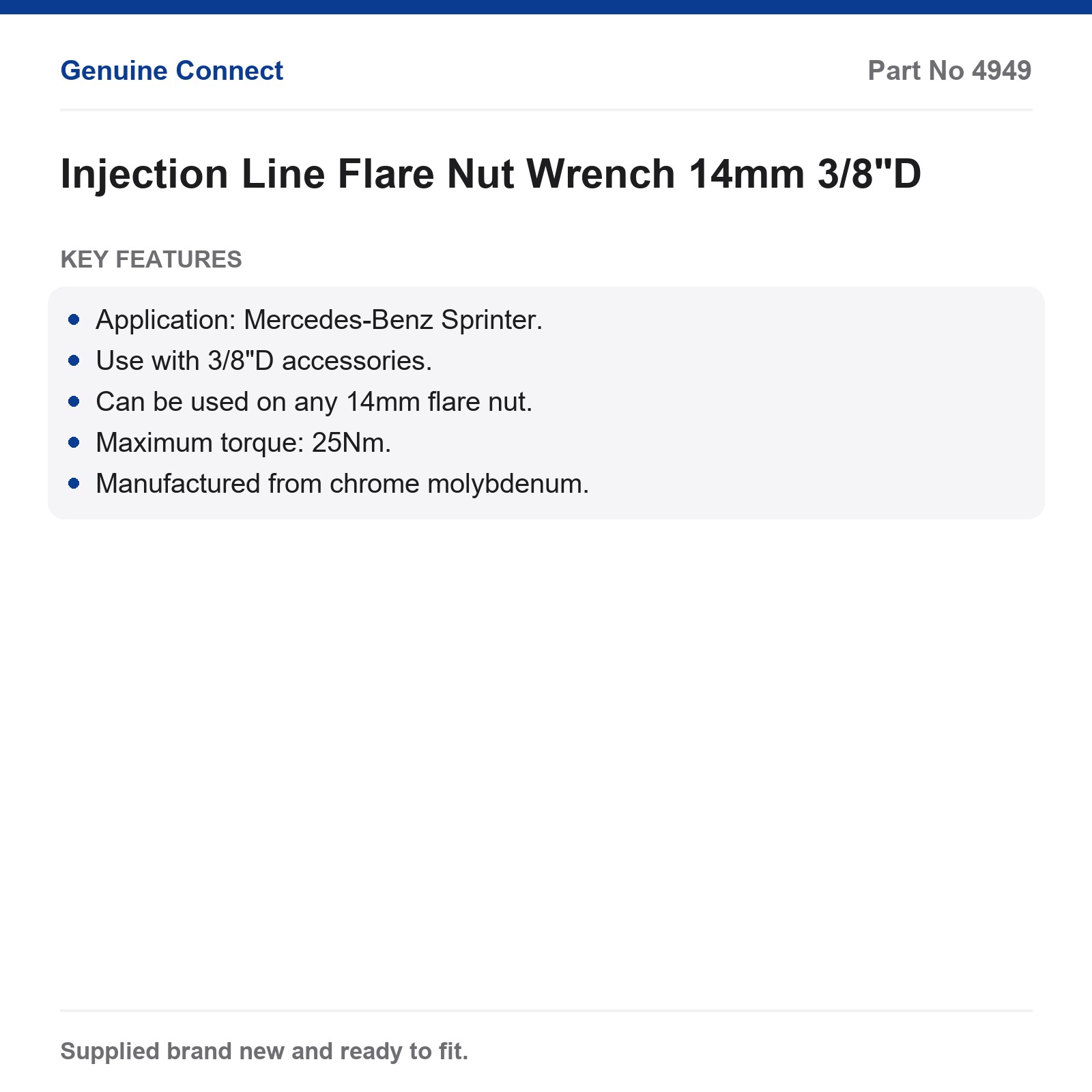 Laser 4949 Injection Line Flare Nut Wrench 14mm 3/8"D Mercedes Sprinter Cr-Mo - Image 5