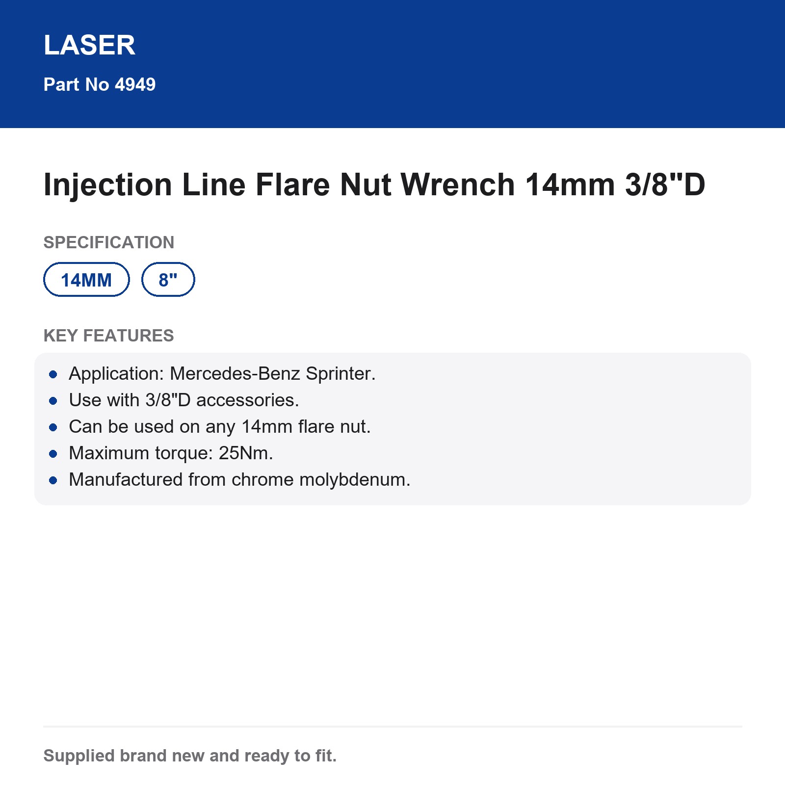 Laser 4949 Injection Line Flare Nut Wrench 14mm 3/8"D Mercedes Sprinter Cr-Mo - Image 6