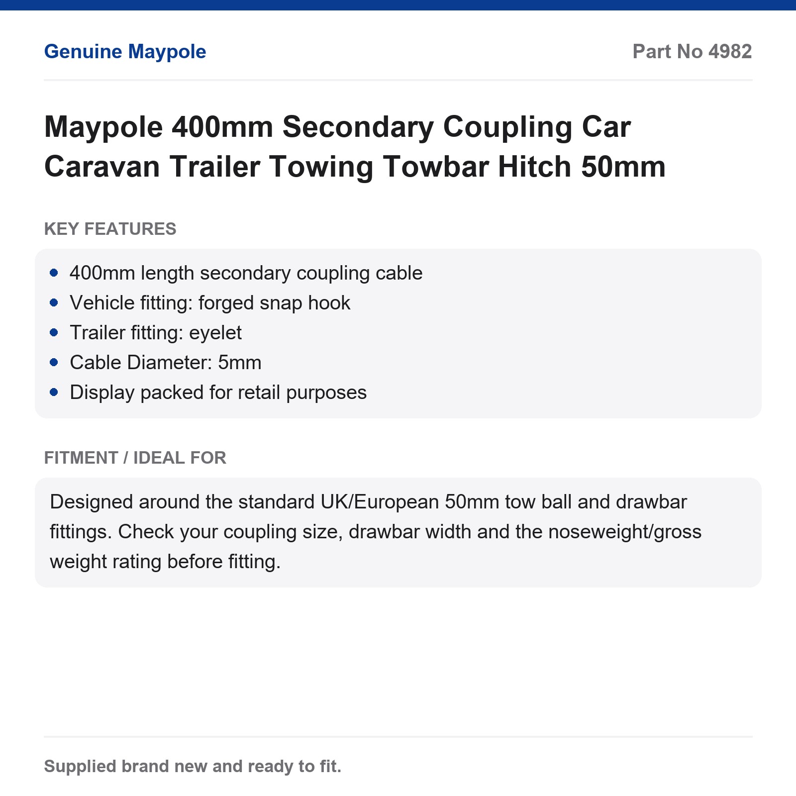 Maypole 400mm Secondary Coupling Cable Car Caravan Trailer Towbar Towing - Image 5