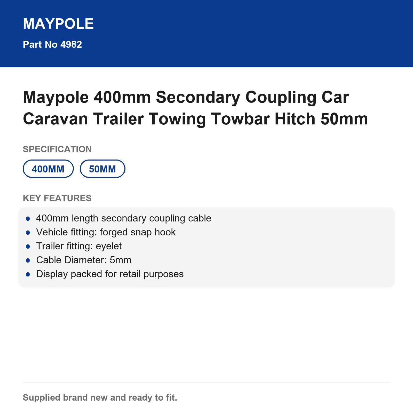 Maypole 400mm Secondary Coupling Cable Car Caravan Trailer Towbar Towing - Image 6