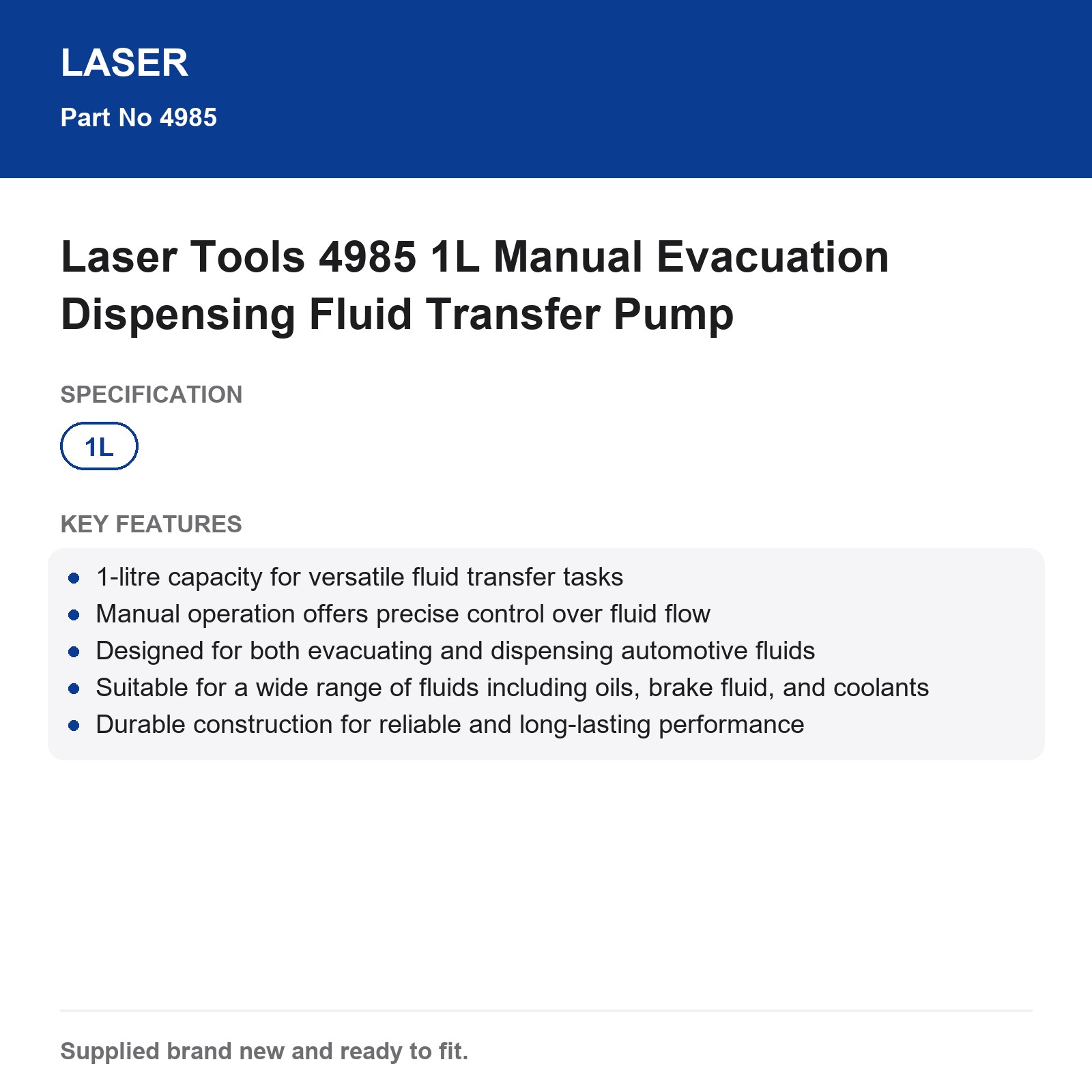 Laser Tools 4985 Manual 1L Fluid Transfer Pump Evacuate Dispense - Image 4