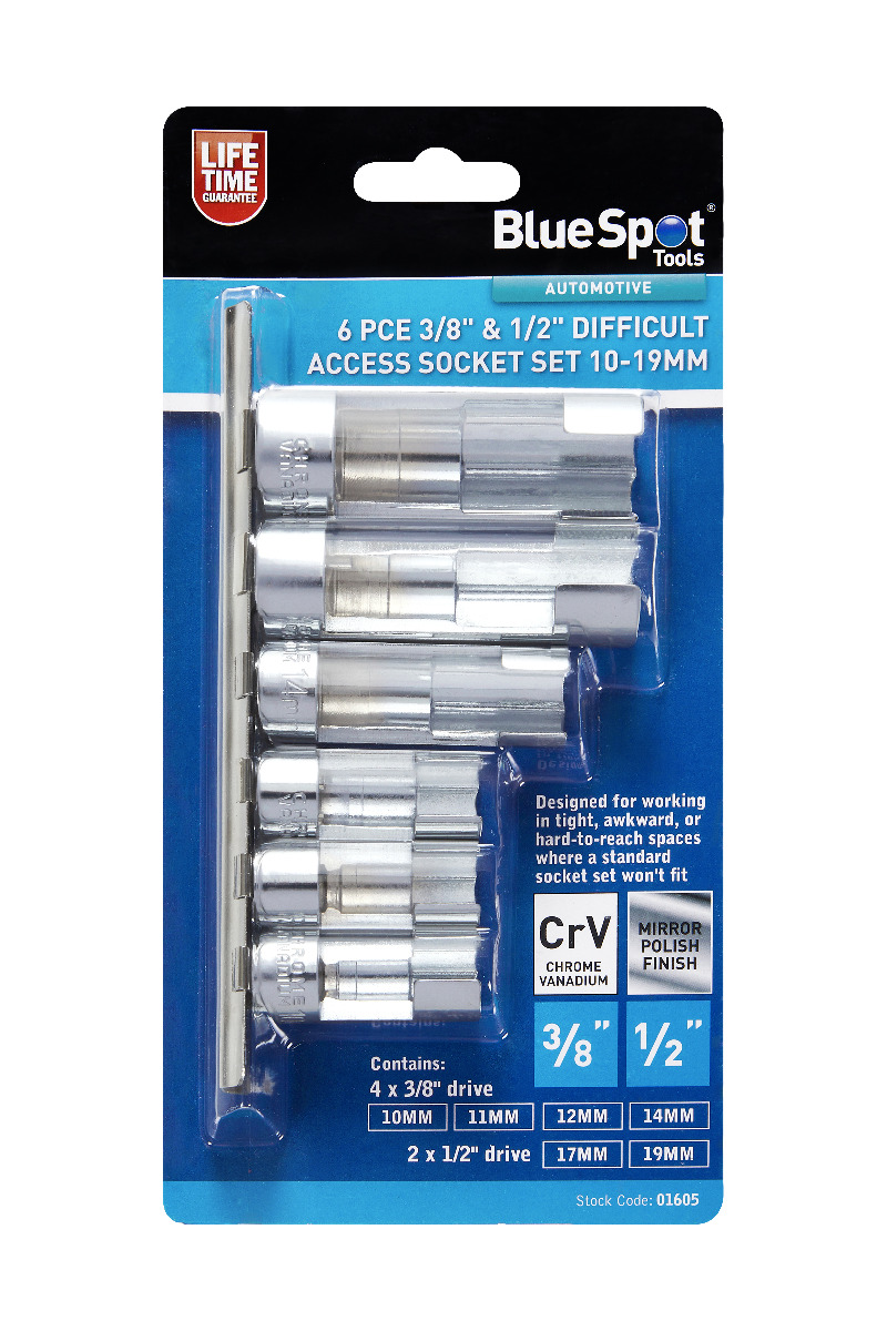 BlueSpot Difficult Access Socket Set 6pc 3/8″ 1/2″ 10-19mm