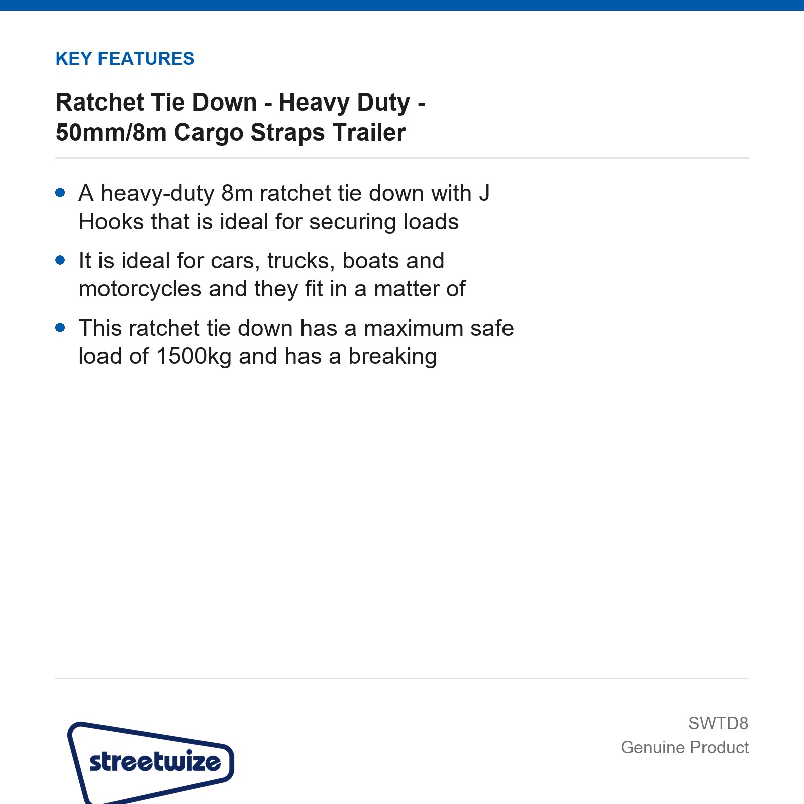 Streetwize Ratchet Tie Down Heavy Duty 50mm/8m Cargo Straps Trailer Car - Image 4