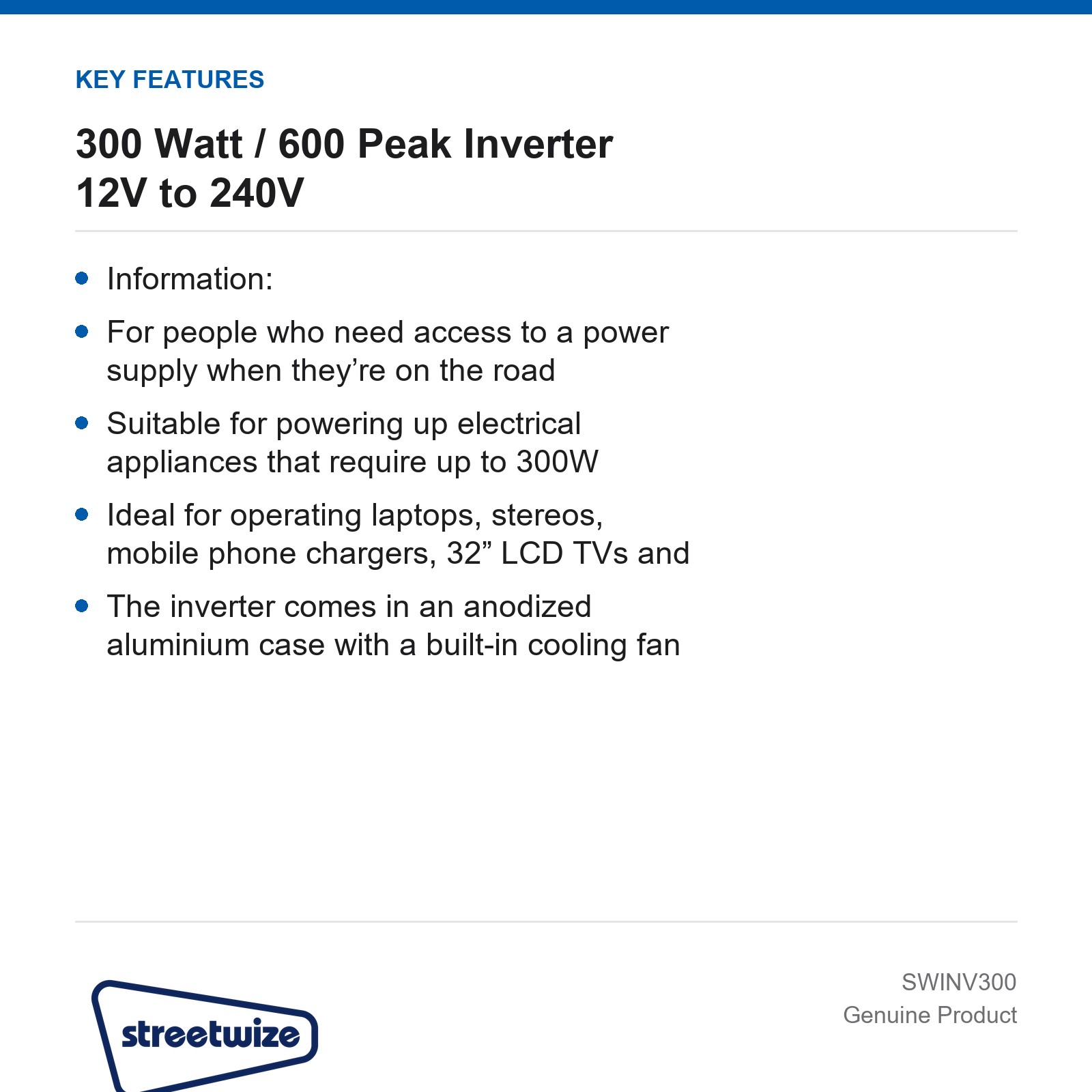 Streetwize 300W 600W Peak Power Inverter 12V 240V Car Van - Image 3