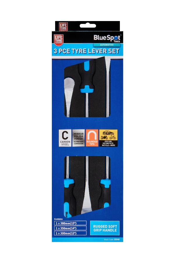 BlueSpot 3pc Carbon Steel Tyre Lever Set Rounded Tips Car Bike EVA Foam Tray