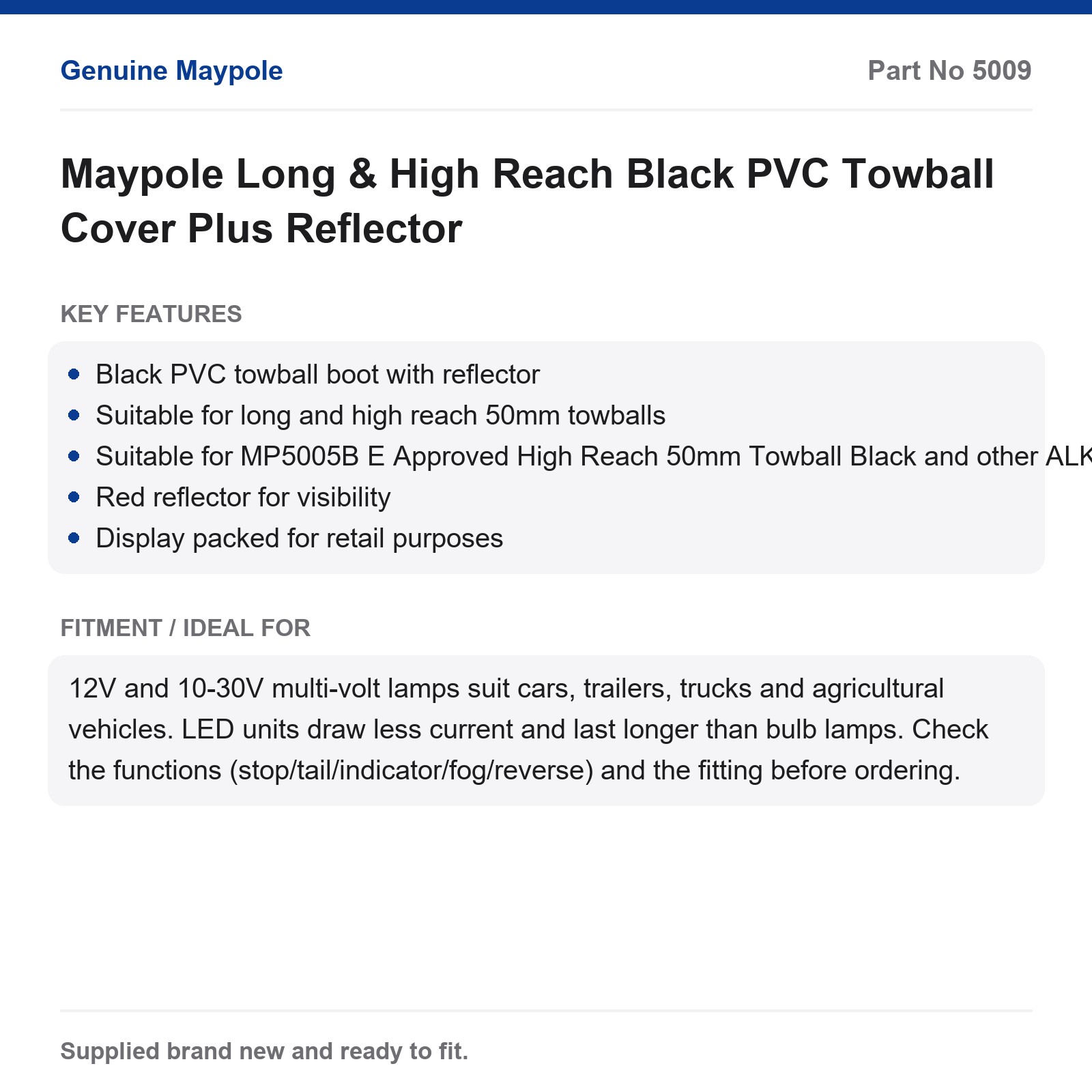 Maypole Long & High Reach Black PVC Towball Cover Plus Reflector - Image 4