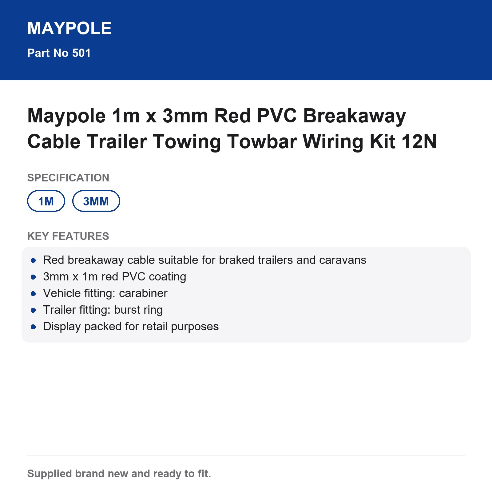 Breakaway Cable Maypole 1m x 3mm Red PVC Trailer Towing Towbar 12N - Image 6
