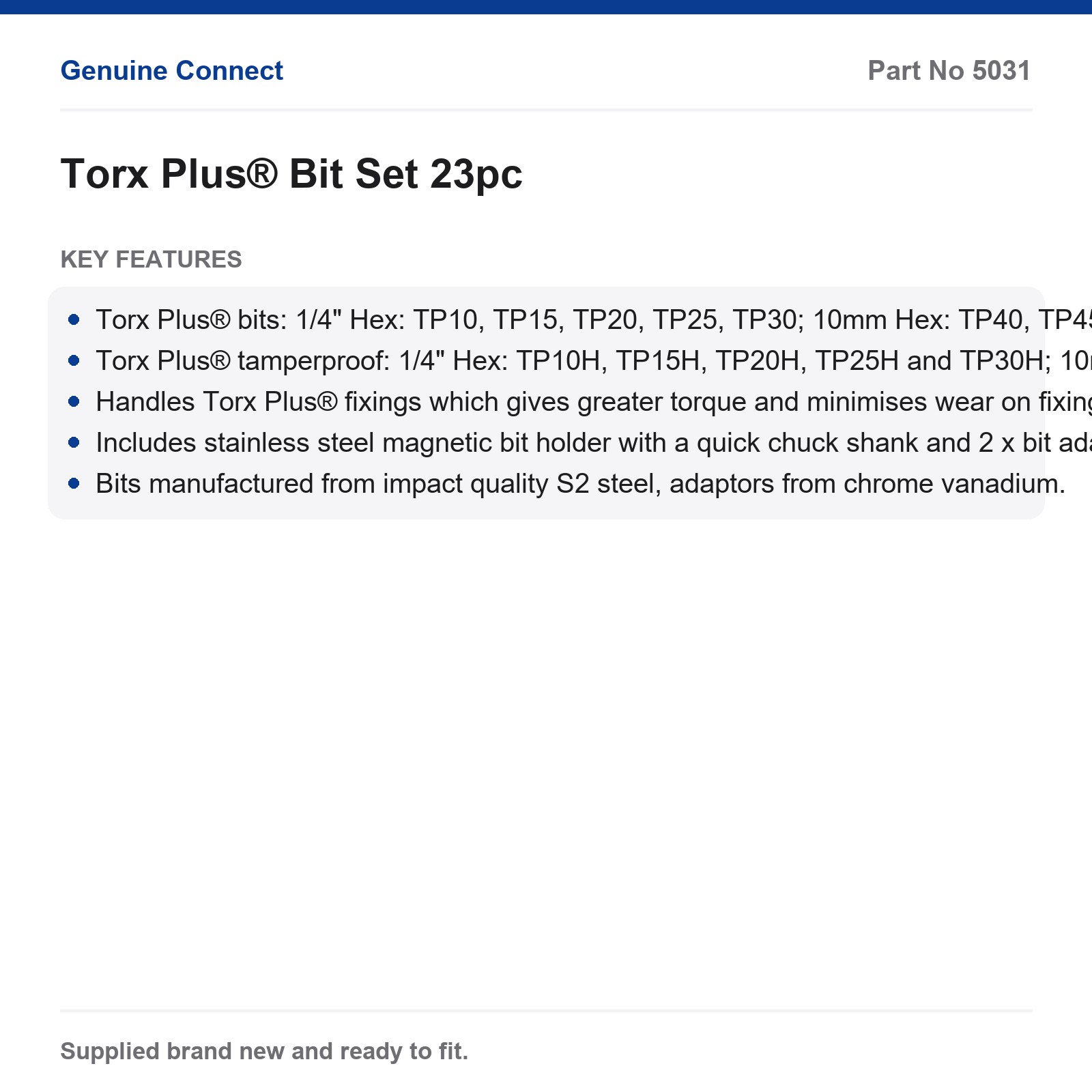 Laser 5031 Torx Plus Tamperproof Bits 23pc S2 Steel Mag Holder Adaptors - Image 2