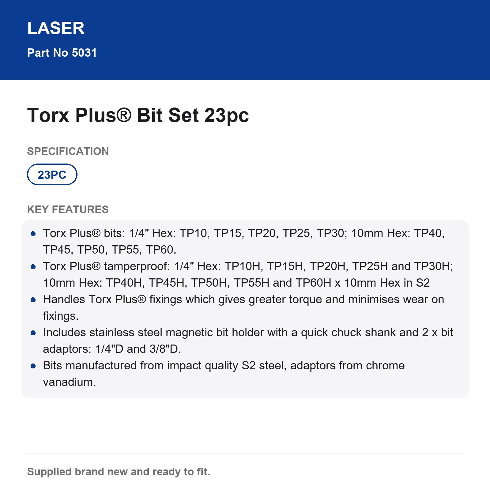 Laser 5031 Torx Plus Tamperproof Bits 23pc S2 Steel Mag Holder Adaptors - Image 3