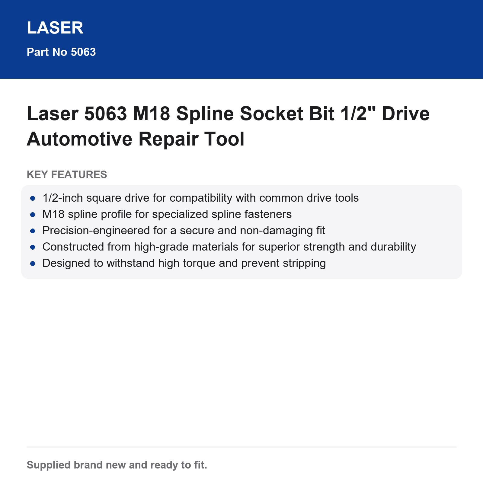M18 Spline Socket Bit 1/2" Drive Laser 5063 Automotive Tool - Image 3