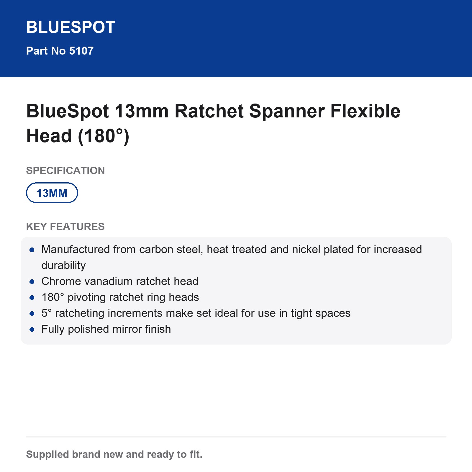 13mm Ratchet Spanner BlueSpot Flexible Head 180° - Image 4