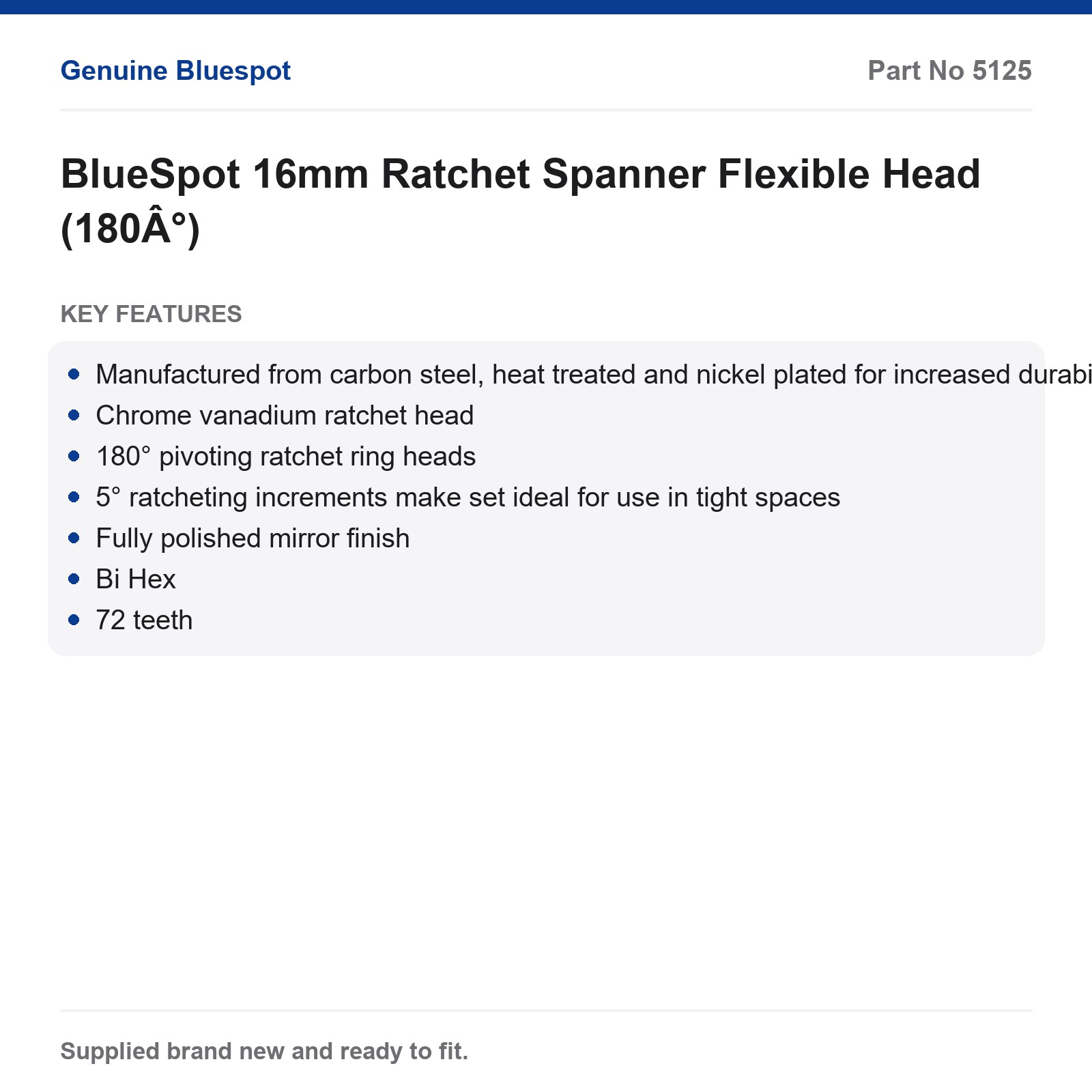 BlueSpot 16mm Ratchet Spanner Flexible Head (180°) - Image 3