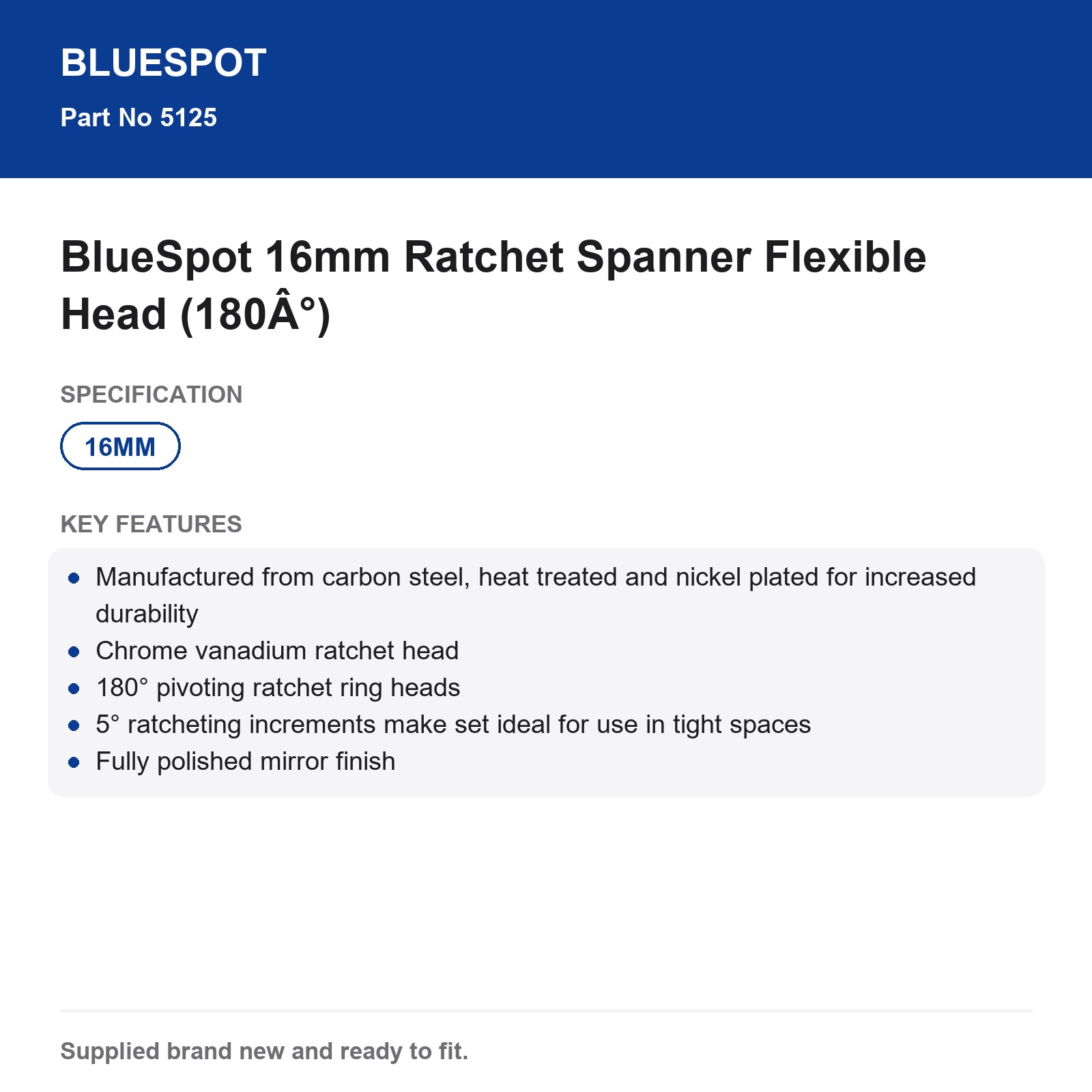 BlueSpot 16mm Ratchet Spanner Flexible Head (180°) - Image 4