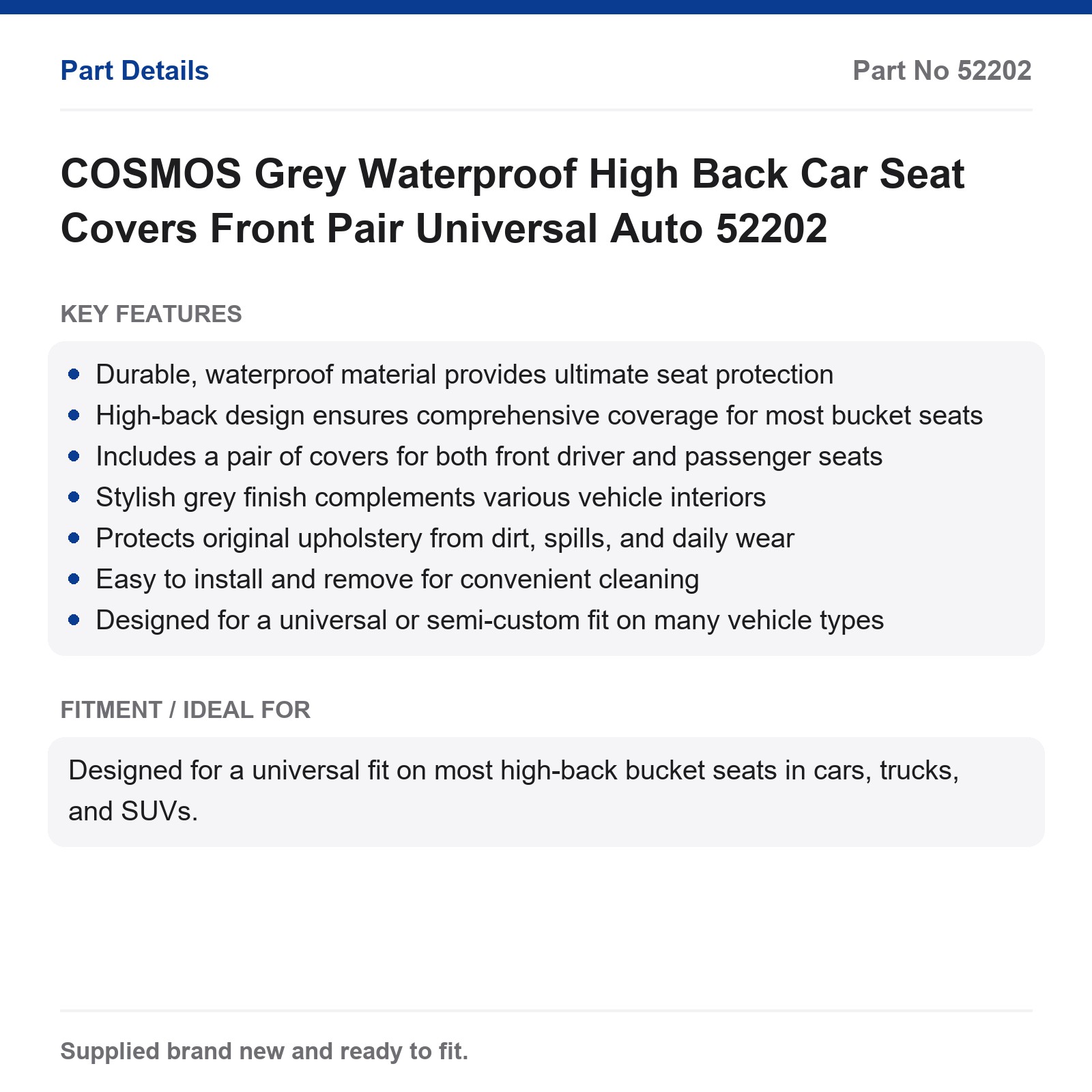 COSMOS Grey Waterproof High Back Car Seat Covers Front Pair Universal - Image 2