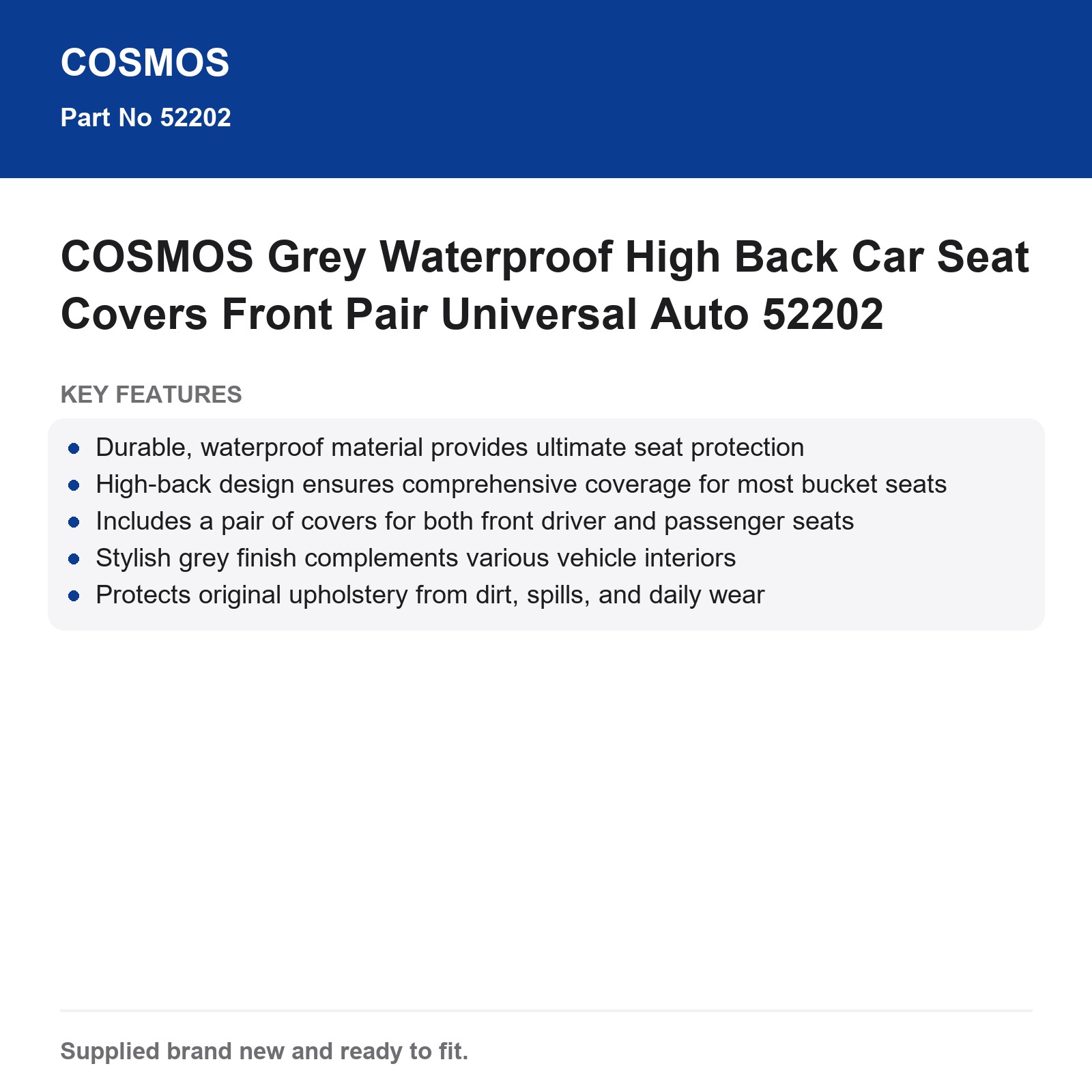 COSMOS Grey Waterproof High Back Car Seat Covers Front Pair Universal - Image 3