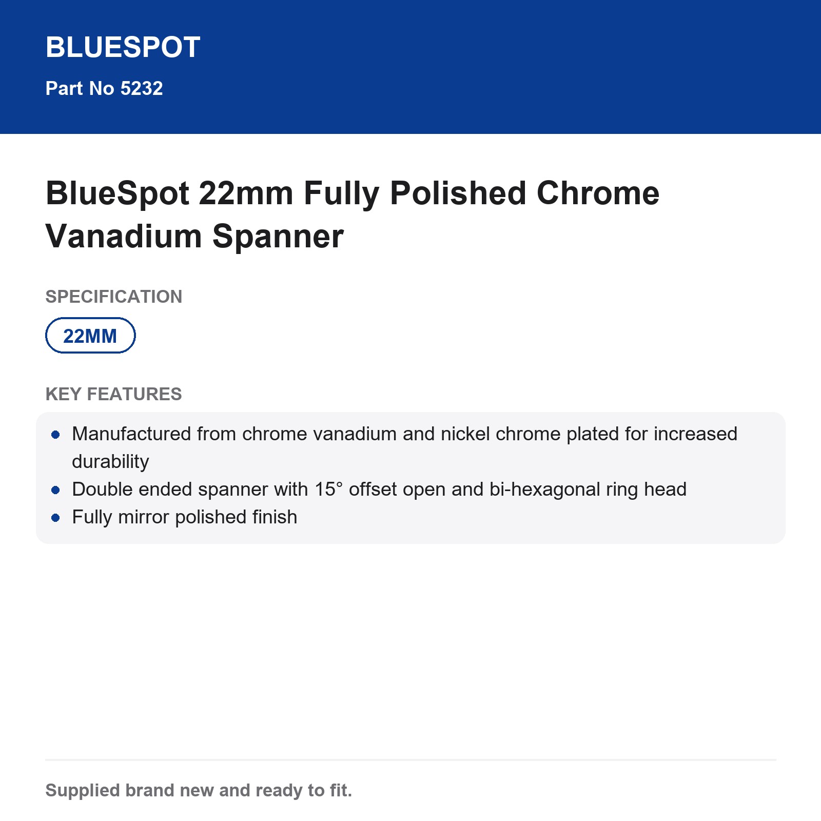 BlueSpot 22mm Fully Polished Chrome Vanadium Spanner - Image 3