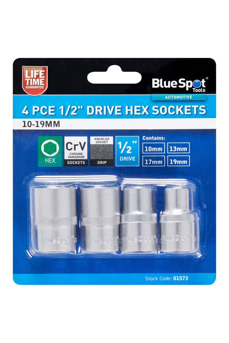 BlueSpot 4pc 1/2″ Drive Hex Sockets 10-19mm Chrome Vanadium Knurled