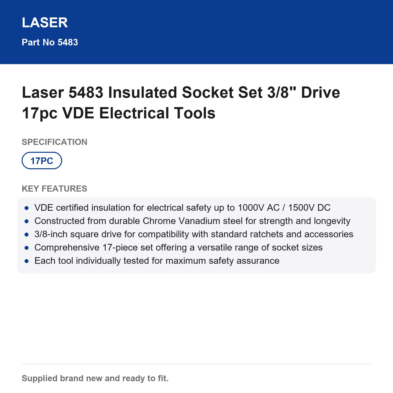 Laser 5483 VDE Insulated Socket Set 3/8" Drive 17pc Electrical Tools - Image 7