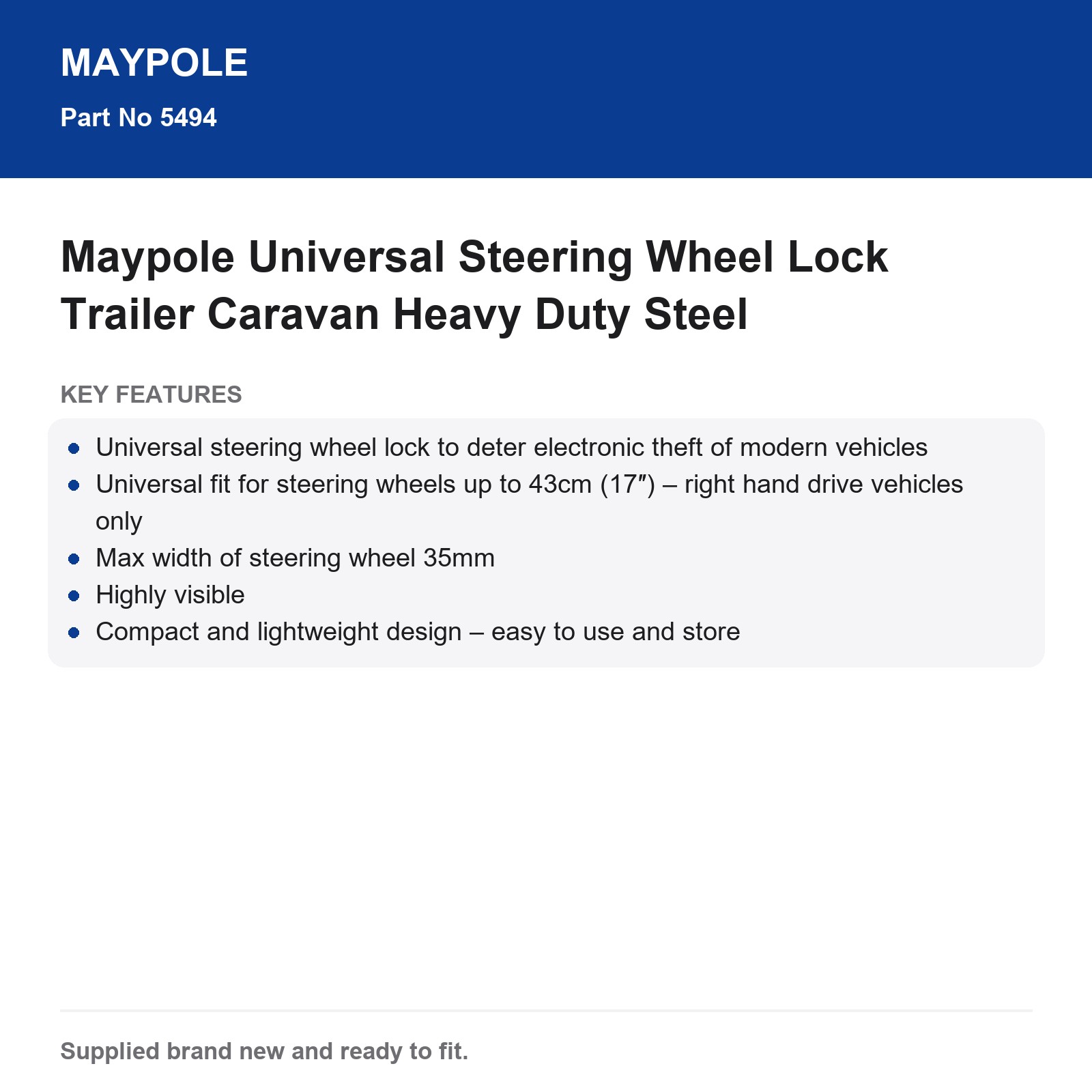 Universal Steering Wheel Lock Maypole Heavy Duty Steel Car Van Caravan - Image 6